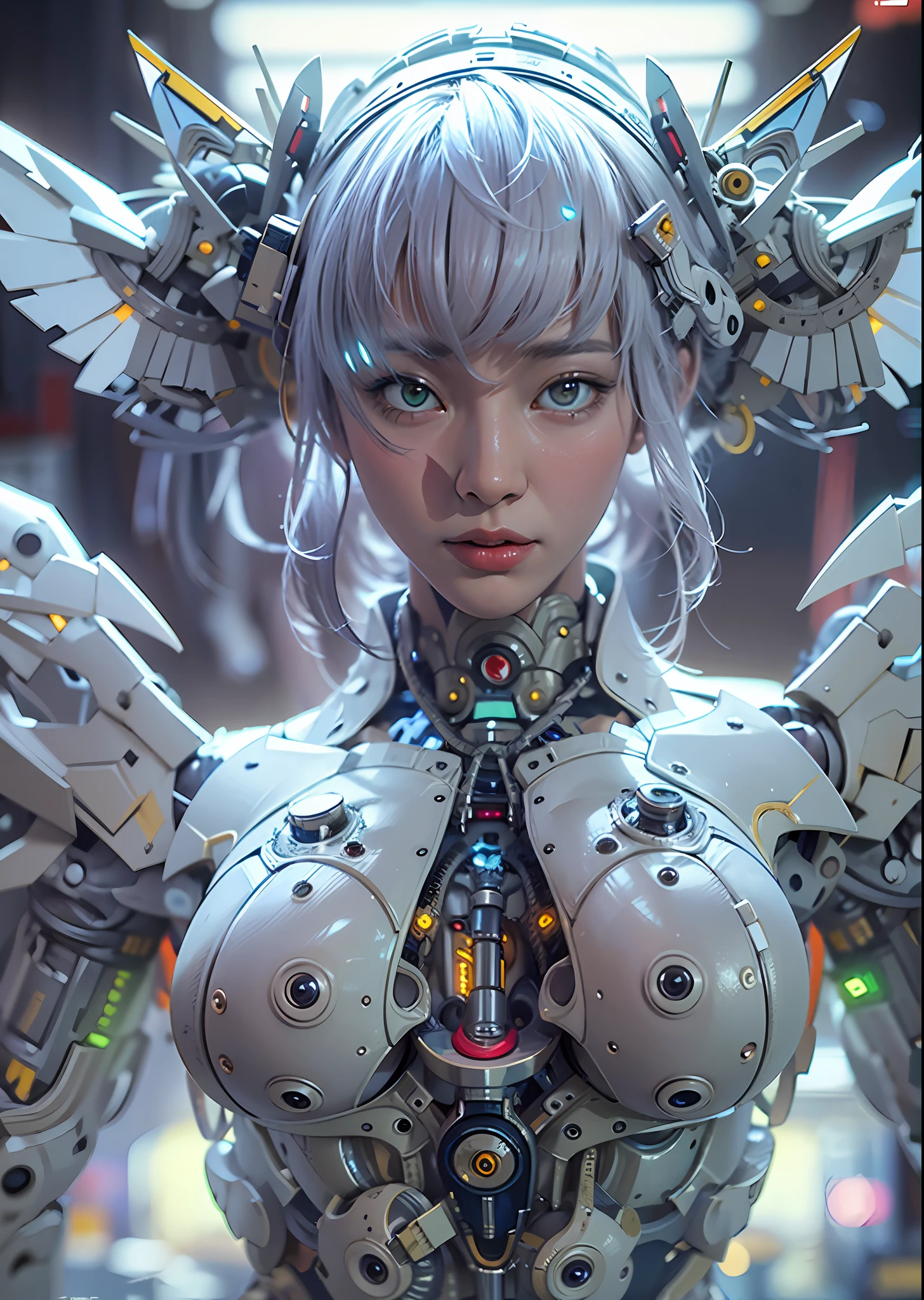 top-quality、masterpiece、超A high resolution、(Photorealsitic:1.4)、Raw photo、Mechanical Battle Cyborg Angel、large wings made of metal、White porcelain body、Acrylic Clear Cover、white hair、glowy skin、1 Cyborg Girl、((super realistic details))、portlate、globalillumination、Shadow、octan render、8K、ultrasharp、character edge light,Colossal tits、Raw skin is exposed in cleavage、Details of complex ornaments、Sumerian details、Hydraulic cylinder、Small LED lamp、highly intricate detail、Realistic light、a purple eye、radiant eyes、Facing the camera、neon details、cowboy shot、Futuristic headgear、About Cyberpunk、、
