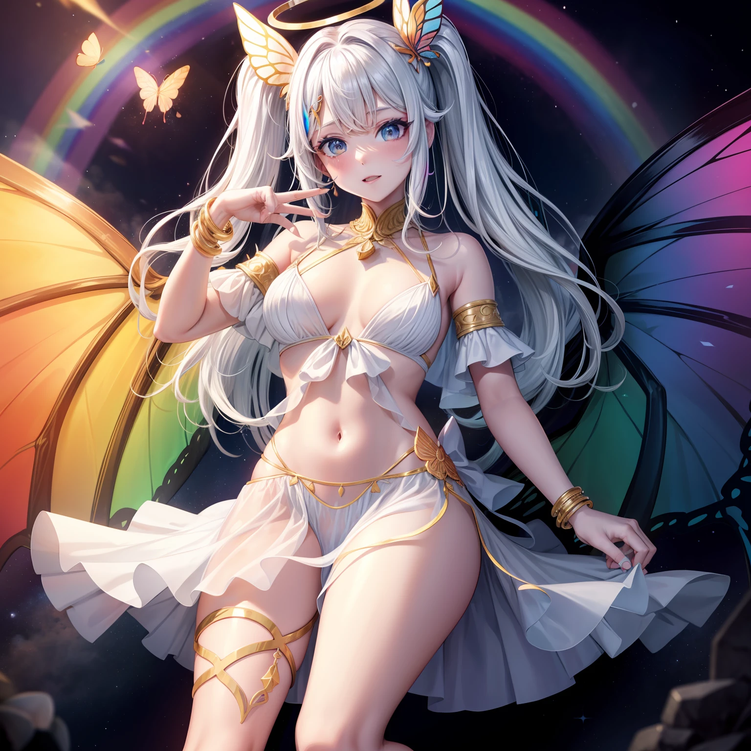 Female, I am a beautiful creature, clad in butterfly wings. They are colorful and stunning, with a halo made out of rainbows. I have white, long hair, twin ponytails, and rainbow eyes. My skin is pale white, like milk. I am curvy, yet soft in appearance. My nails, are a rainbow-like hue, and I often wear bracelets and anklets matching my wings' colors.