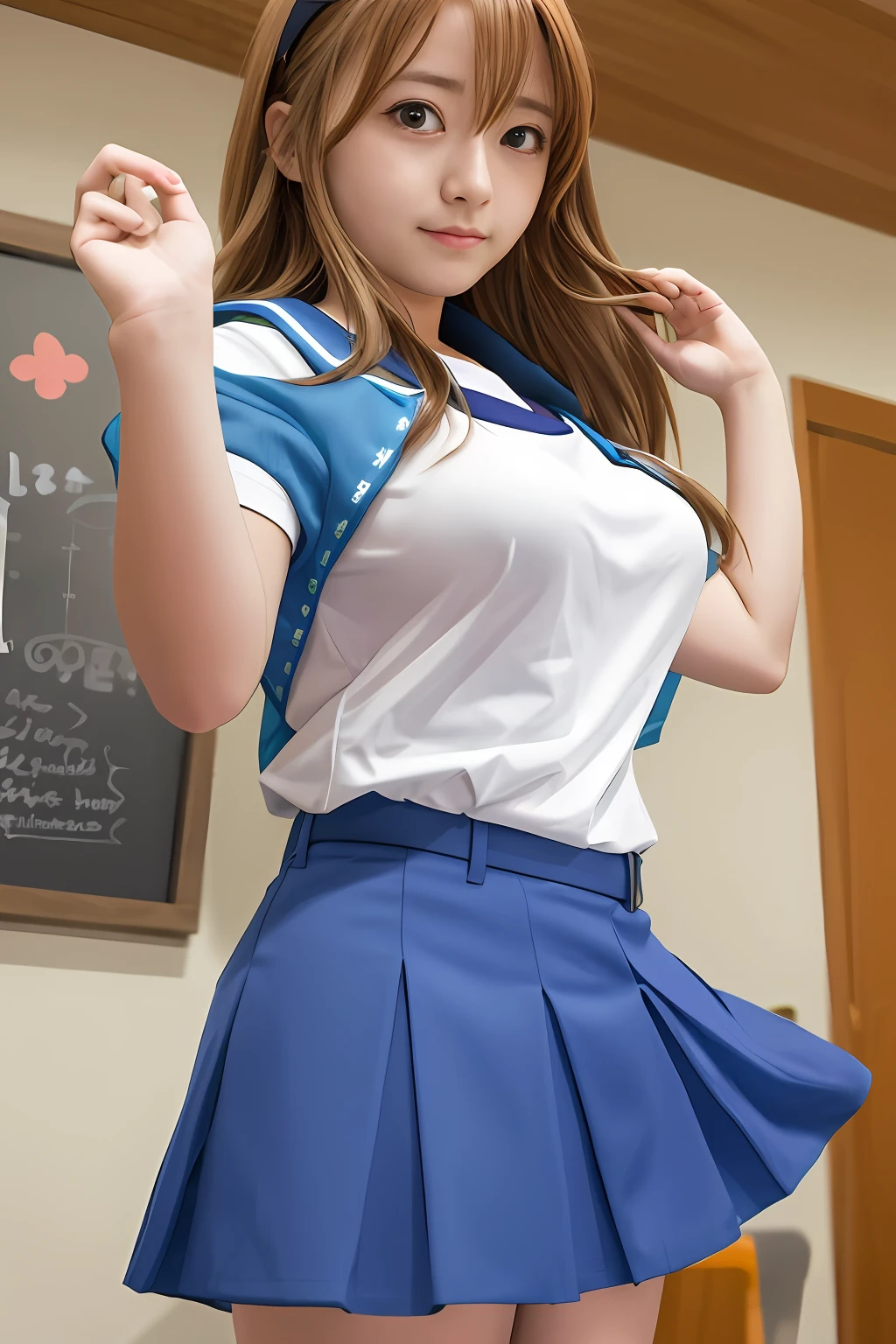 masterpiece, best quality, highres, mikuru1, 1girl, asahina mikuru, long hair, kita high school uniform, solo, blue sailor collar, sailor collar, serafuku, blue skirt, skirt, short sleeves, red ribbon, large breasts,