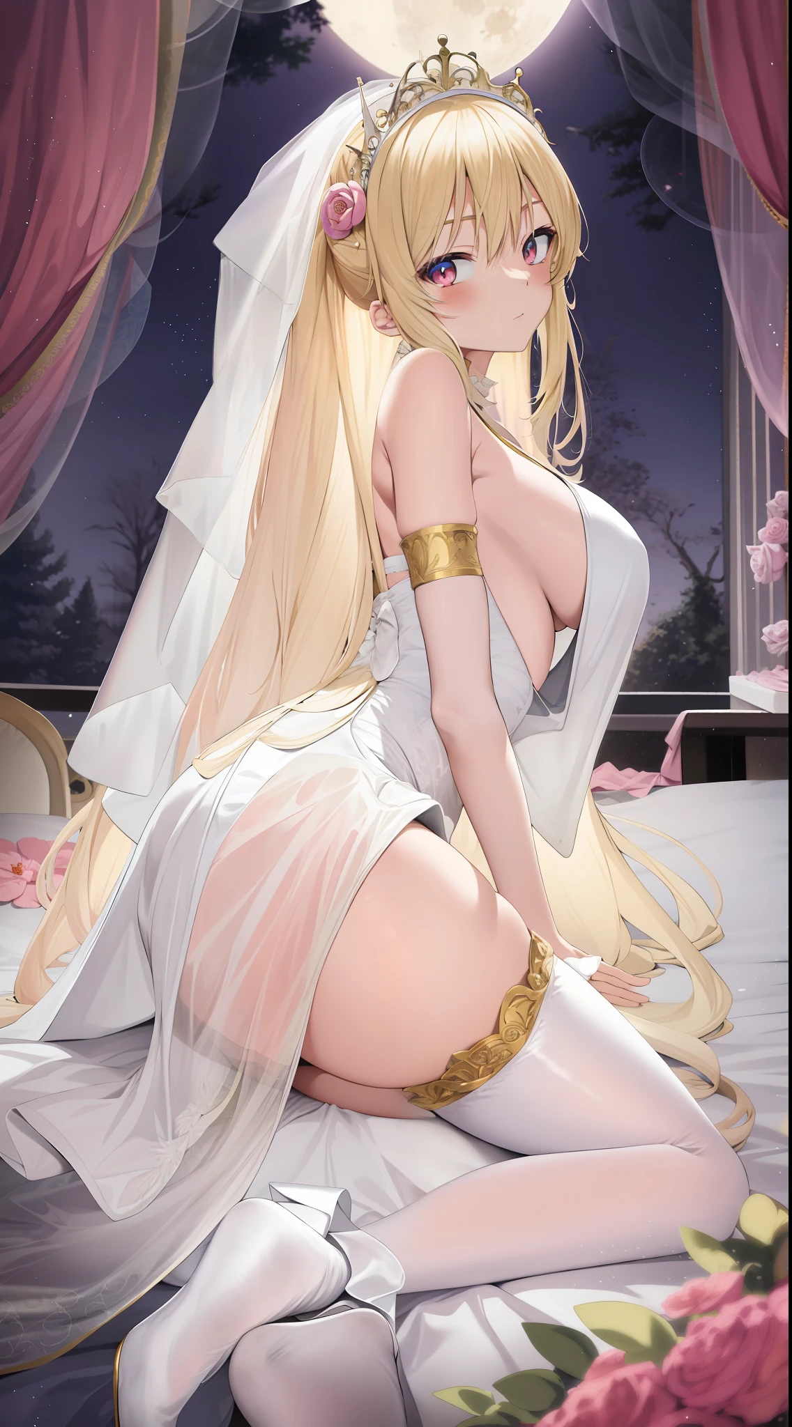 Anime girl in wedding dress sitting on bed,The background is the full moon。, Anime goddess, anime barbie in white stockings, in dress, blonde goddess, beautiful and seductive anime woman, cute anime waifu in a nice dress, seductive anime girls, Blonde anime girl with long hair, blond-haired princess, beautiful anime girl crouching