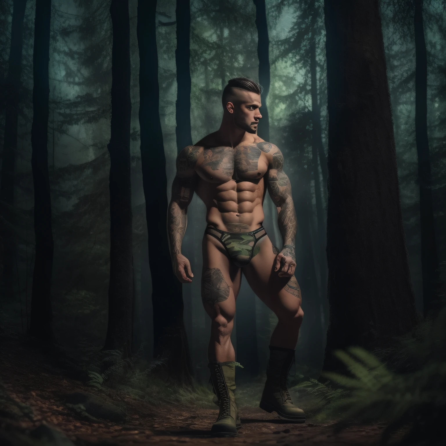 A handsome muscular tattooed naked man wearing a tiny camouflage jockstrap and boots, hiding in the forest at night, full body image, seen from a low angle