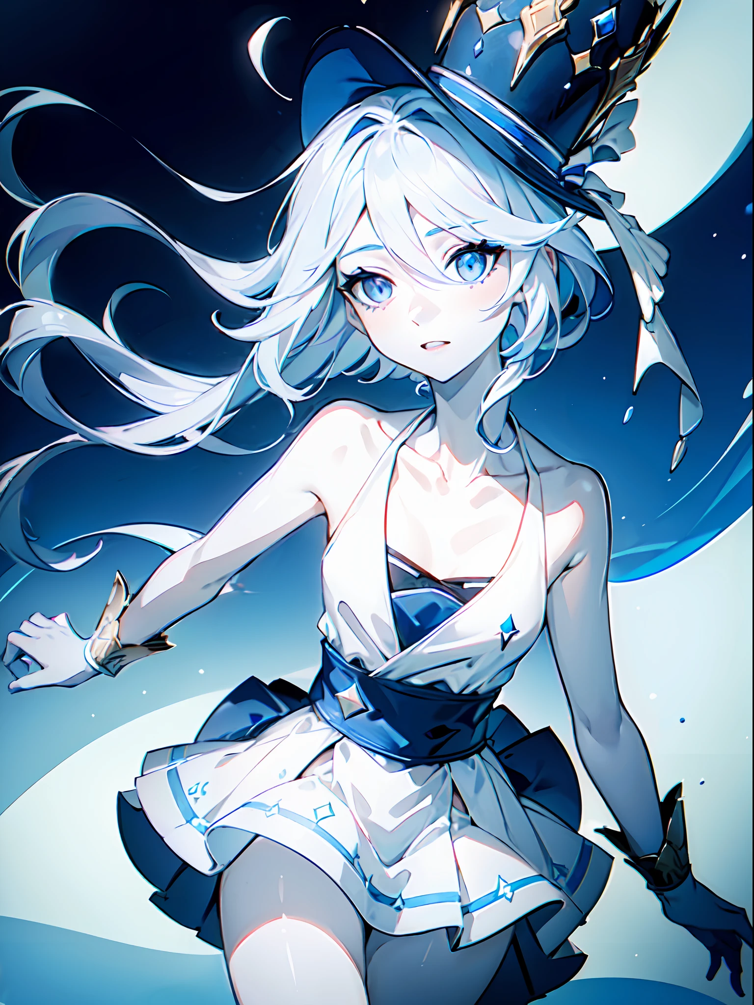 ((female)), (solo:1.2), ((masterpiece)), ((pale skin)), ((detailed eyes)), (bokeh effect), (dynamic angle), dynamic pose, ((collarbone)), white hair, hat, (blue bikini), bare shoulders, skirt