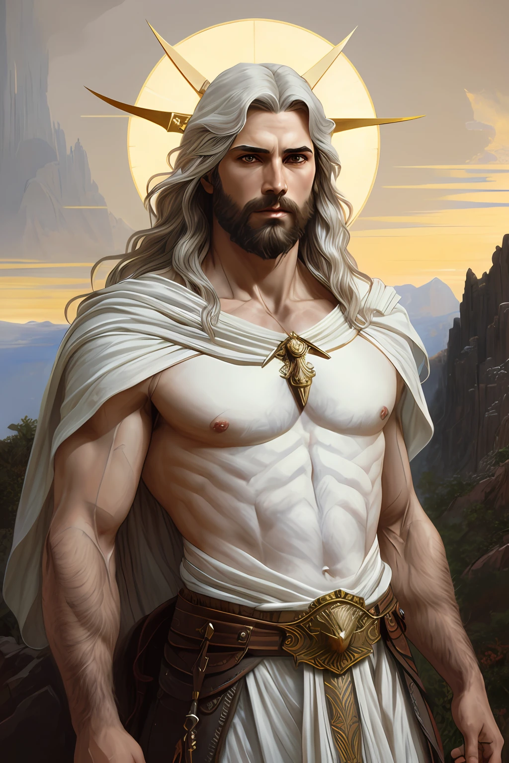 painted portrait of rugged jesus, god of thunder, greek god, on Mount Olympus, white hair, full body, mature, handsome, fantasy, intricate, elegant, highly detailed, digital painting, artstation, concept art, smooth, sharp focus, illustration, art by gaston bussiere and alphonse mucha