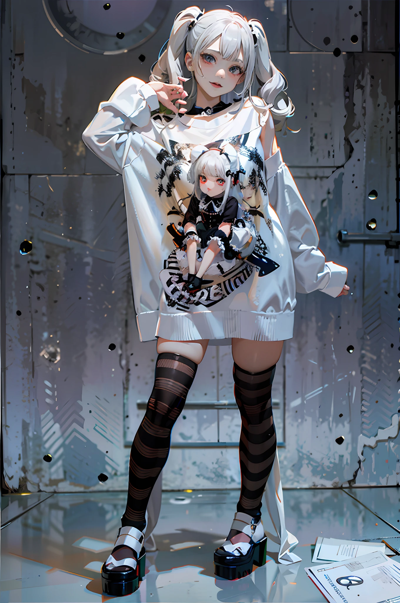 Girl in white shirt and black and white striped stockings, the anime girl is crouching, Witch clothes, portrait a woman like reol, fully body photo, full body portrait shot, full bodyesbian! Shot, modeling photograph kerli koiv, full_Body!!, Silver hair girl, designed for cozy aesthetics!, jpop clothing