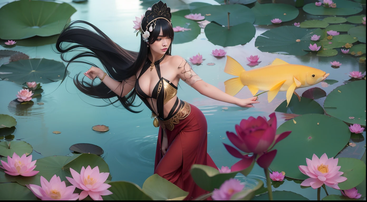 she's have a black hair with lotus dress style, shes mernaid, she have a gold fish trisula and shes have a lotus