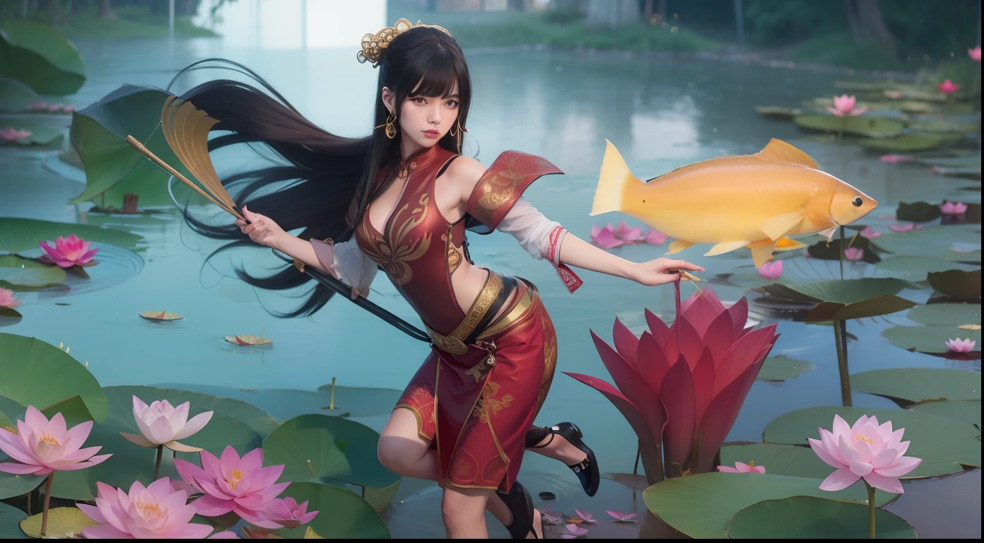 she's have a black hair with china style, shes mernaid, she have a gold fish trisula and shes have a lotus