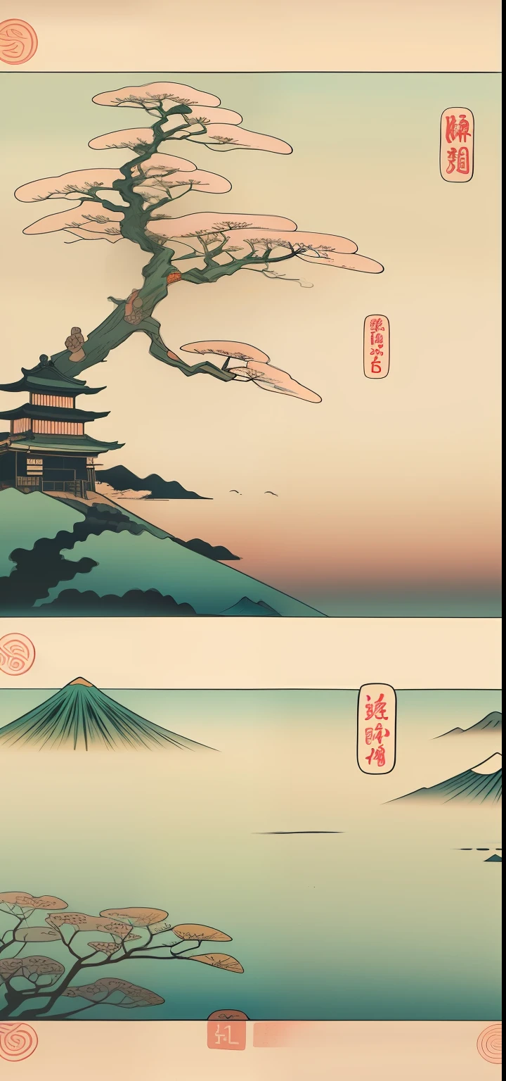 Paisagem minimalista em estilo hiroshige, com poucos elementos e muita intensidade expressiva no espirito de wabi-sabi com elementos inspiradores com referencia psicologicas positivas e de felicidade e sabedoria