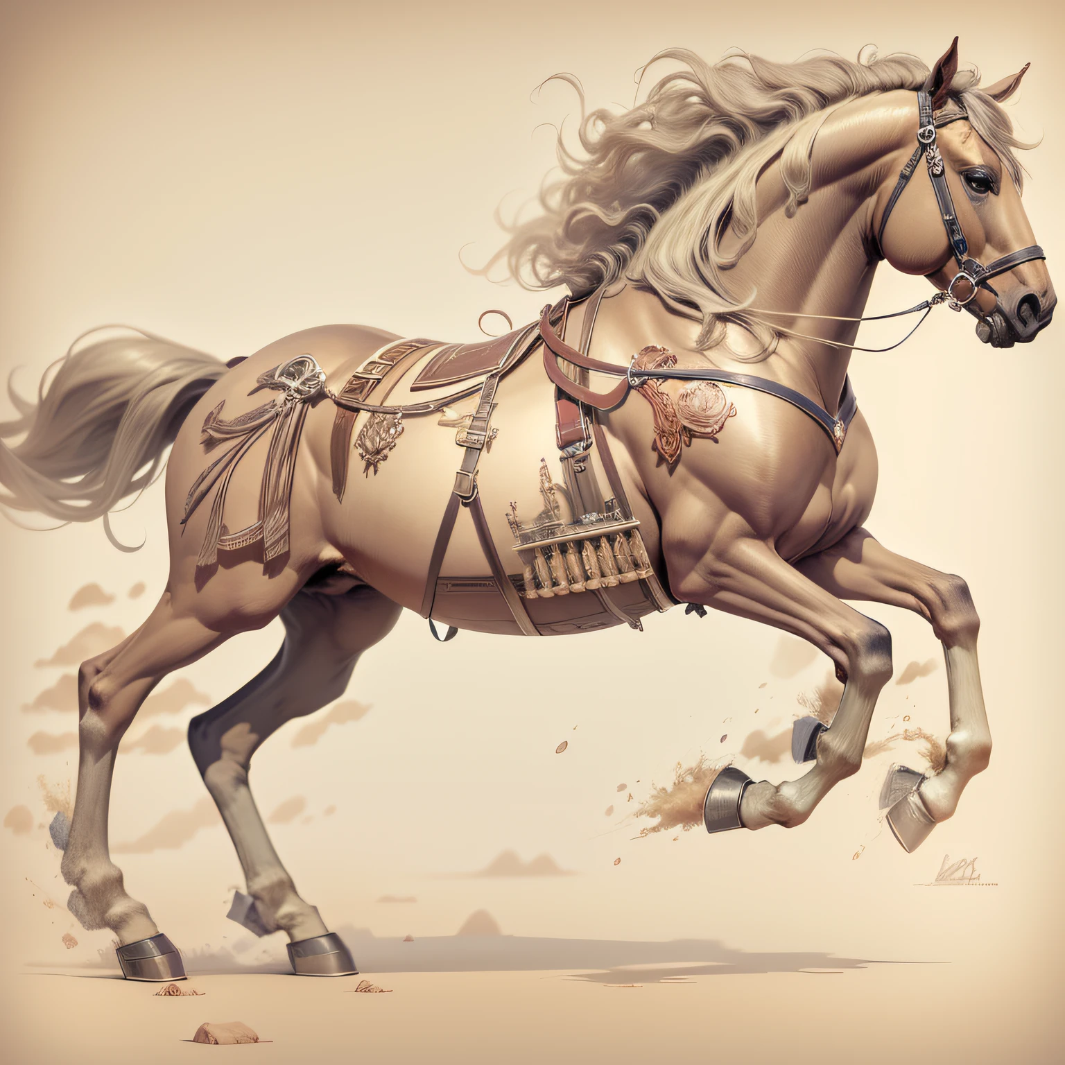 cavalo anatomicamente correto andamento gracioso com runas intricadas gravadas em seu corpo, detalhes realistas.