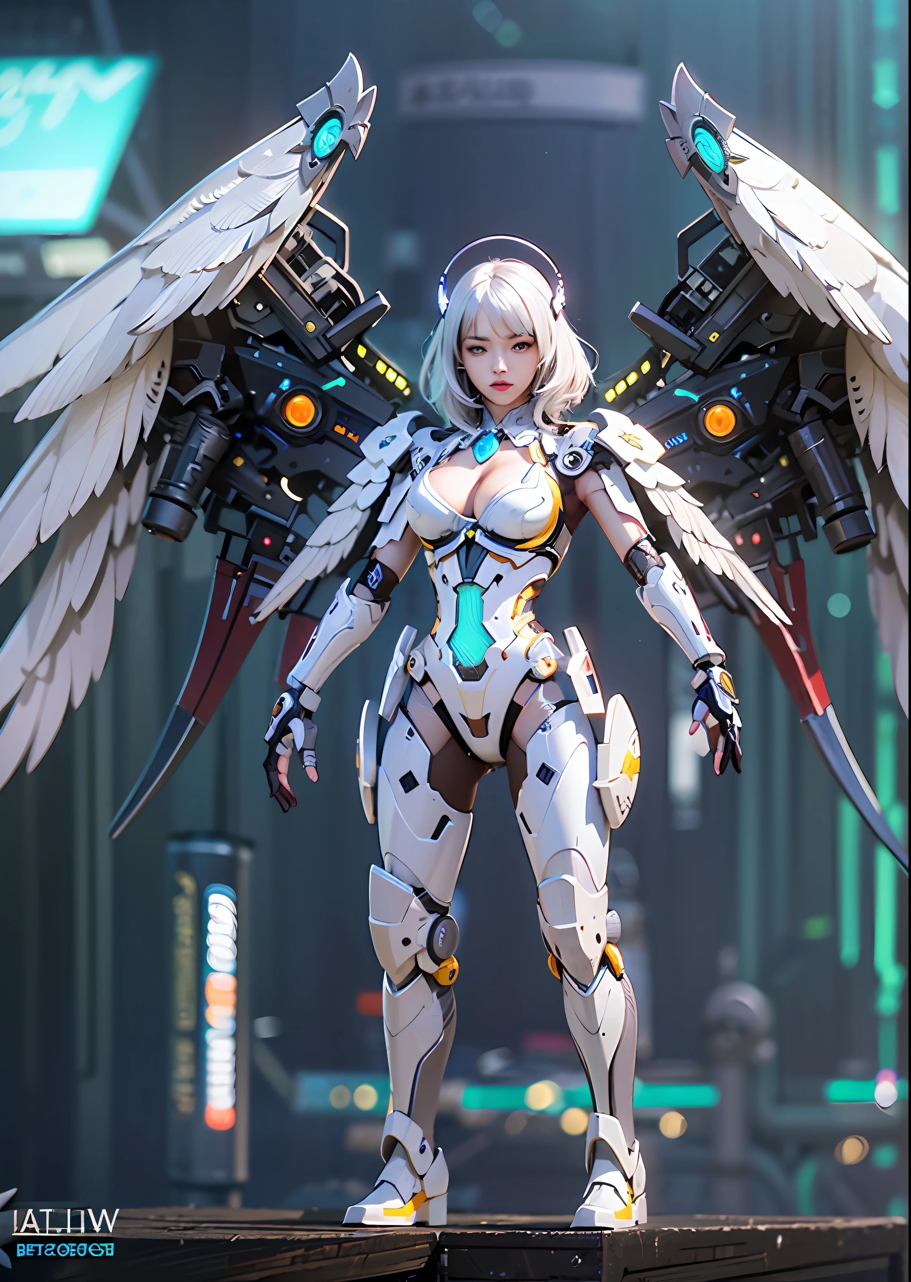 top-quality、​masterpiece、超A high resolution、(Photorealsitic:1.4)、Raw photo、Mechanical Battle Cyborg Angel、large wings made of metal、White porcelain body、Acrylic Clear Cover、white  hair、glowy skin、1 Cyborg Girl、((super realistic details))、portlate、globalillumination、Shadow、octan render、8K、ultrasharp、character edge light,Colossal tits、Raw skin is exposed in cleavage、Details of complex ornaments、Sumerian details、Hydraulic cylinder、Small LED lamp、highly intricate detail、Realistic light、a purple eye、radiant eyes、Facing the camera、neon details、cowboy  shot、Futuristic headgear、About Cyberpunk、、