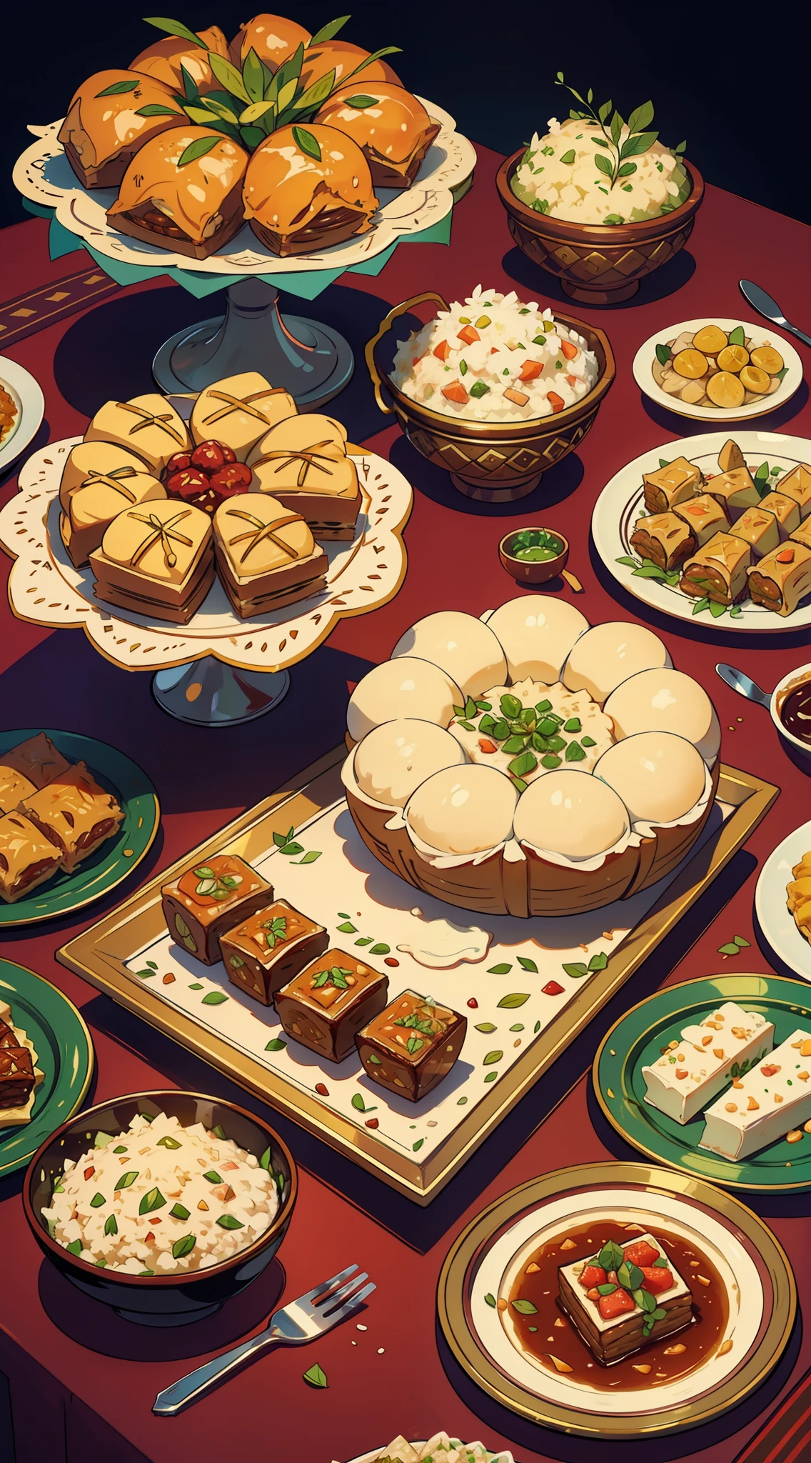 Illustrate a lavish spread of delicious Eid delicacies, including succulent lamb or goat dishes, aromatic rice, and an array of delectable sweets like baklava and ma'amoul.