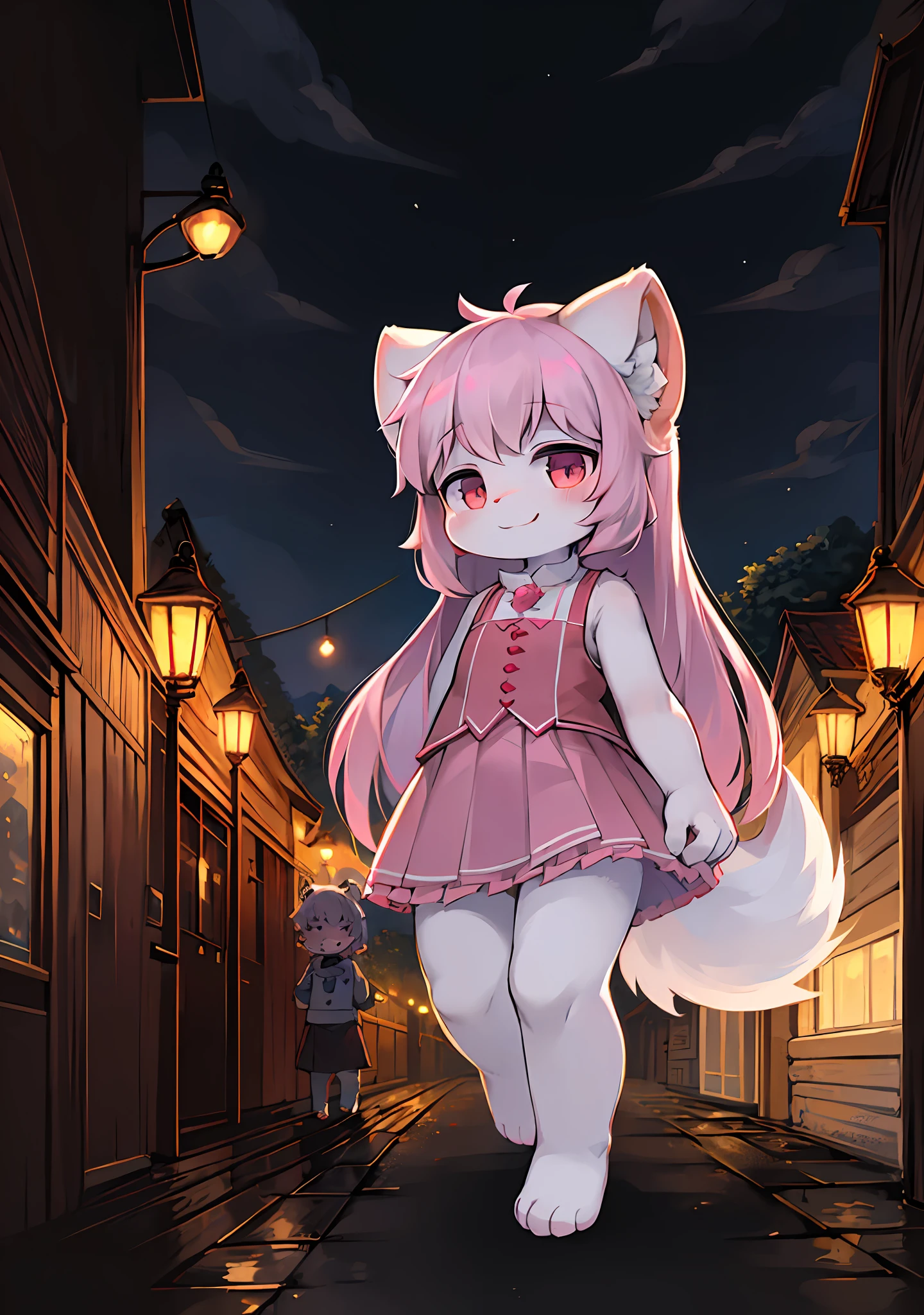 Furry ,Fluffy tail,Emphasis on white fur,Delicate fur,Cute toddler,Short pink skirt,Young,Petite and cute emphasis,Walking posture,Detailed characters,A smile on his face(1.2),Protruding paws,Pink meat pad,Enhance long-haired animals(1.2),the night,borgar(1.1)。