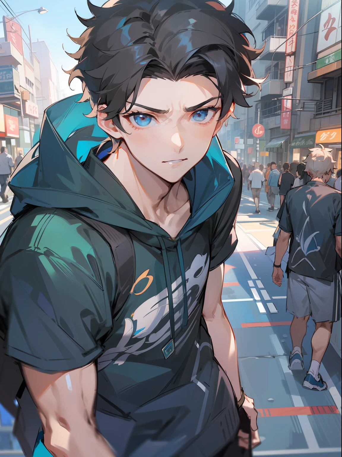 ultra detail,haigh quality,sketch,1boy,mature male,beautiful face,(black center parting hair:1.3),handsome male,pearl skin,black T shirts,drooping eyes,city street,dynamic angle,blue stadium jacket,japan anime,genshin,