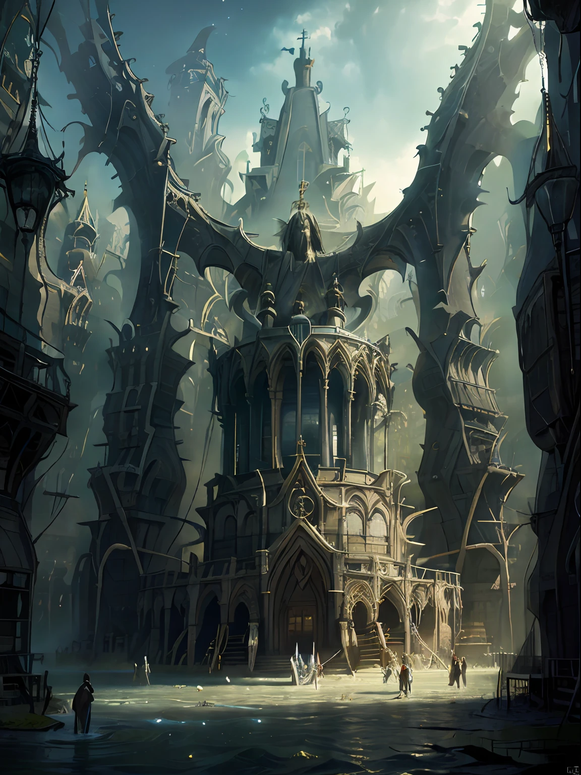 Inner part of a cathedral, with images of angels God, Jesus Christ in human form, glittering white linen dress, surreal divine environment, 16k, glory, divine splendor, realism,