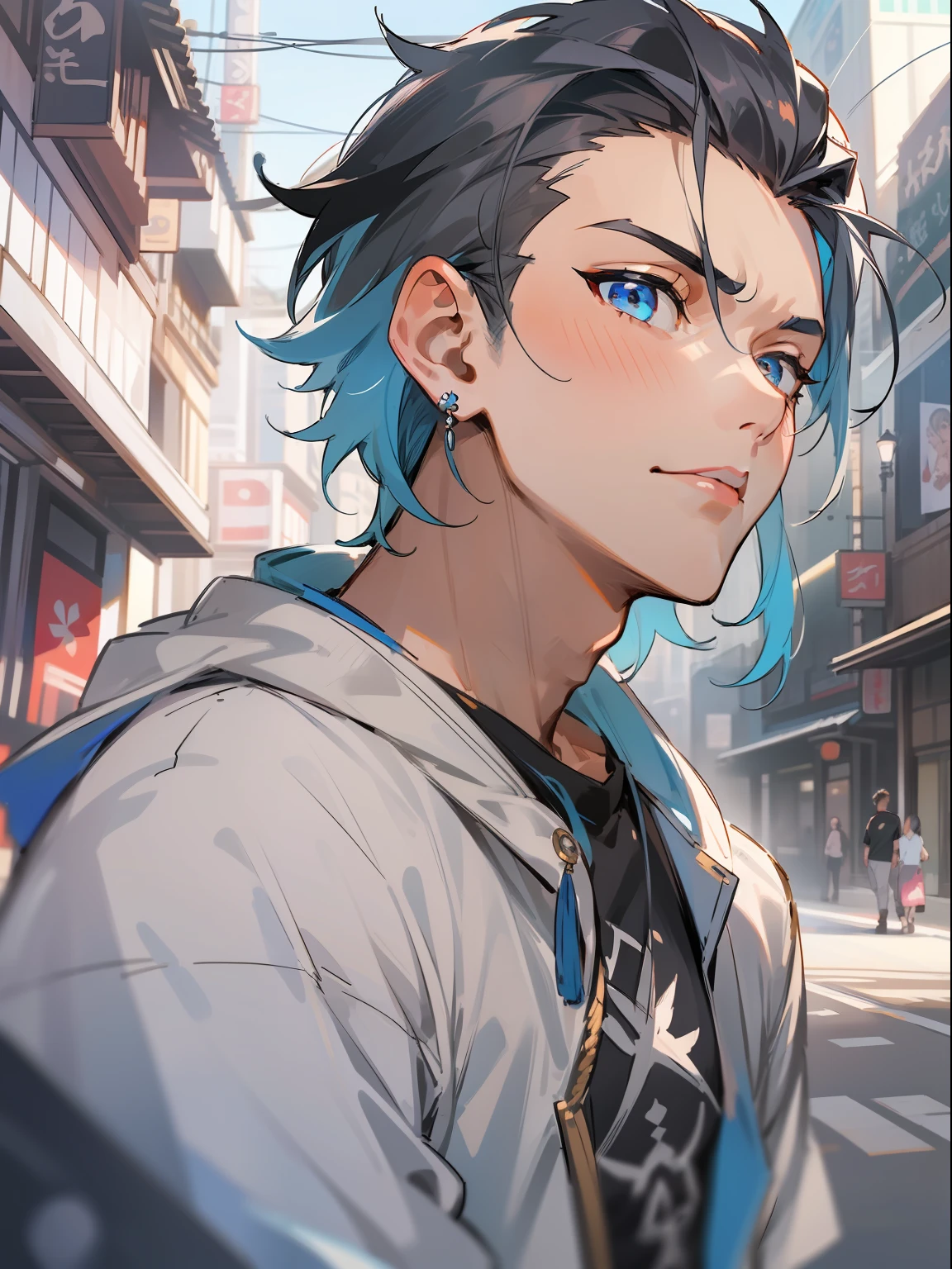 ultra detail,haigh quality,sketch,1boy,mature male,beautiful face,(black center parting hair:1.3),handsome male,pearl skin,black T shirts,drooping eyes,city street,dynamic angle,blue stadium jacket,japan anime,genshin,