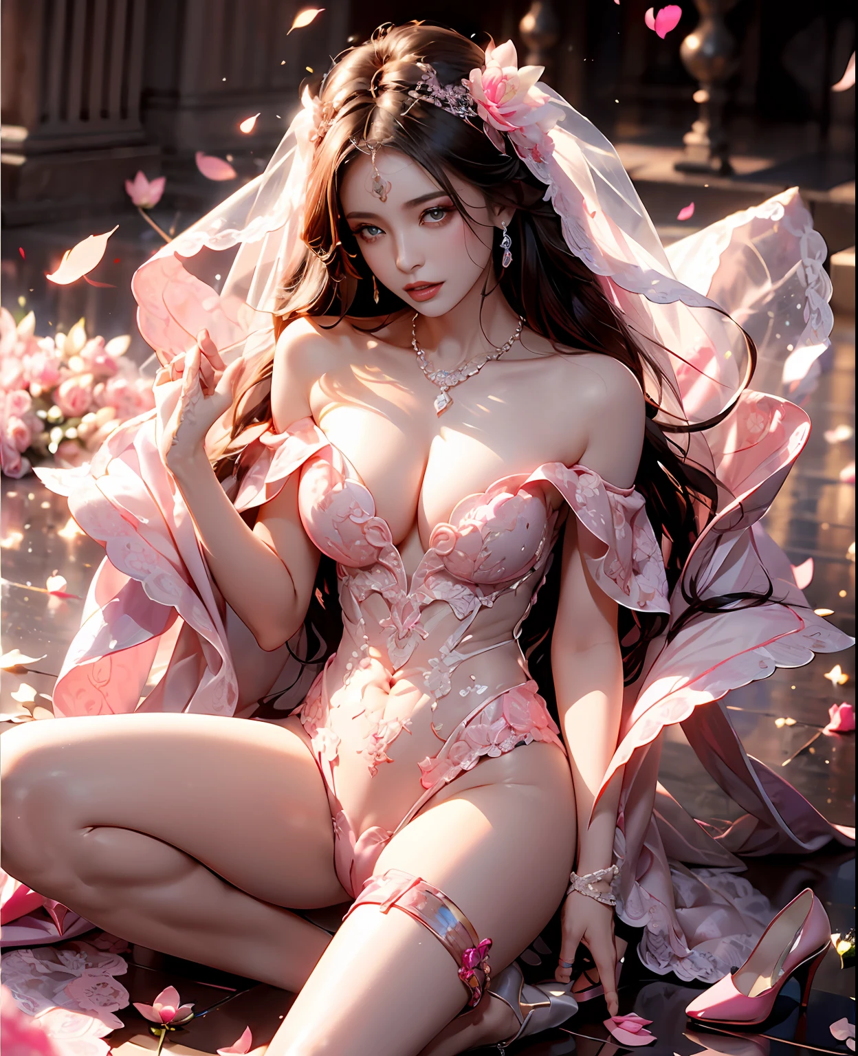Proportional coordination,Lie in a lotus pond,Spread your legs to the sides,Exposes the at the base of the thigh,female genital,full bodyesbian,high-heels,(tmasterpiece:1.2,best qualtiy),realisticlying,(Real pictures,Complicated details,depth of fields),(1girll,独奏),highly details,(gigantic cleavage breasts:1.4),long whitr hair, blackigeyes, (((Beautiful woman spreading her legs in pink openwork off-the-shoulder wedding dress,Expose the genitals))),Reveals a slender waist,There is a waistcoat line at the waist,weeping,aggrieved look