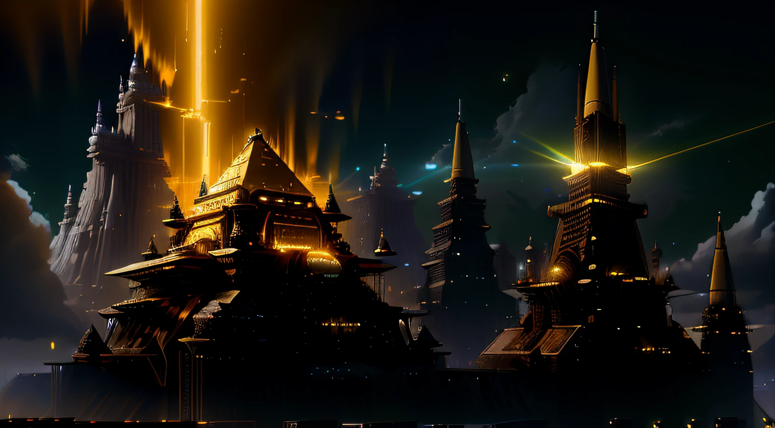 "A futuristic background of a golden glass pyramid with laser beams leads to a hyper-realistic scific city with huge skyscrapers. The hyper resolution of the background is 4k and has an aspect ratio of 16:9.golden pyramid,golden,shiny,glow,gold"