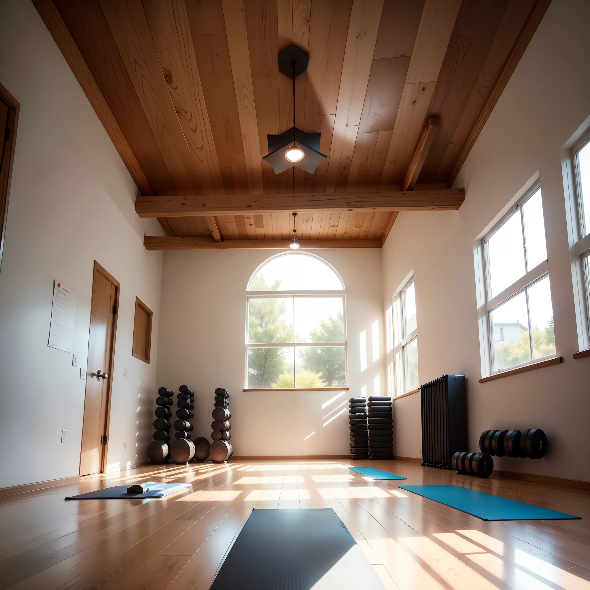 A yoga mat is at the center of a well-lit and cozy gym. The carpet is made of natural rubber and has a mandala pattern. The carpet is surrounded by dumbbells, cordas de pular e outros equipamentos de fitness. The walls of the gym are painted white and there are many windows that let in natural light. The floor of the gym is wooden and the ceiling is high. There's a sense of space and light in the gym, and it's a great place to exercise.
