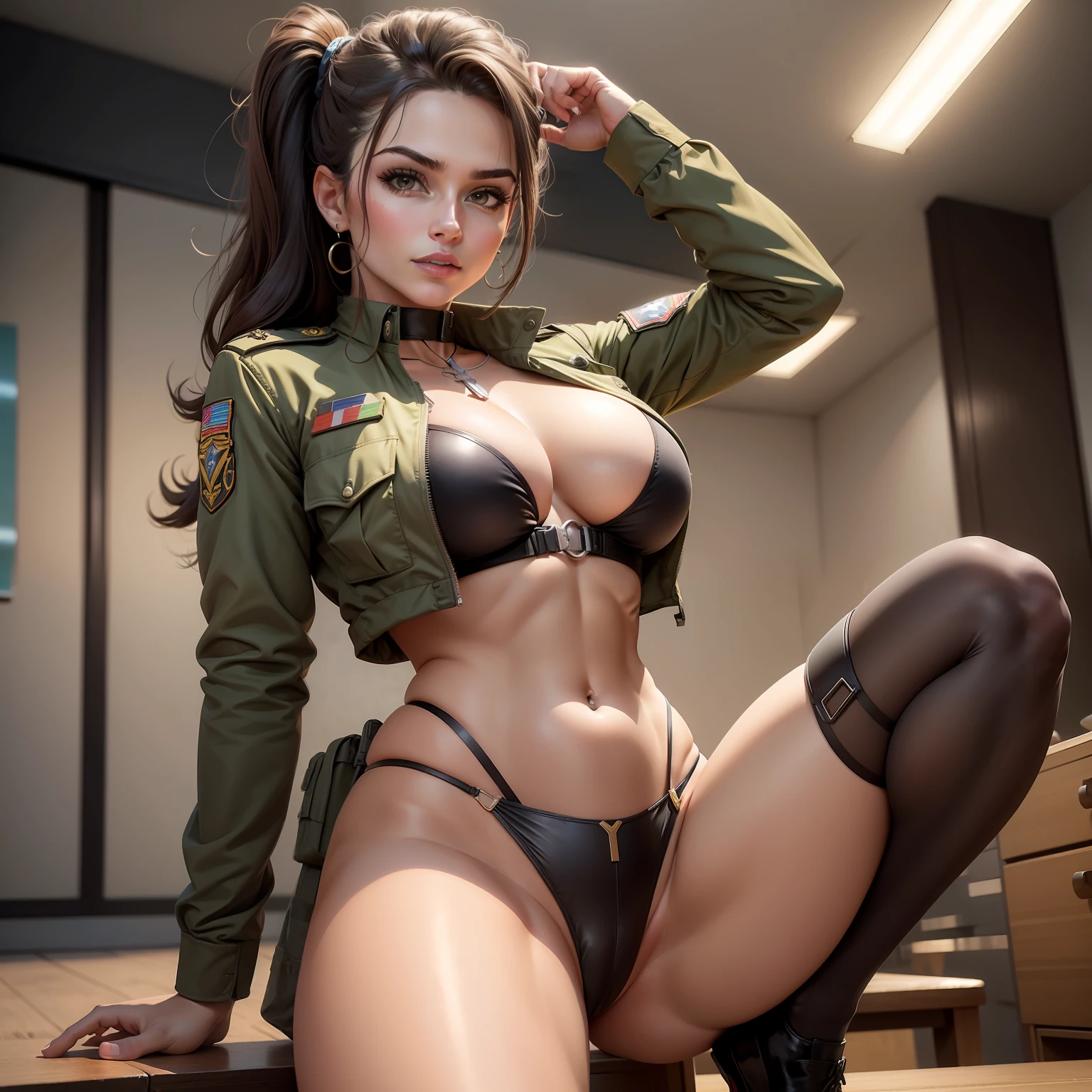 Uma mulher militar sedutora em uma pose poderosa, radiating confidence.