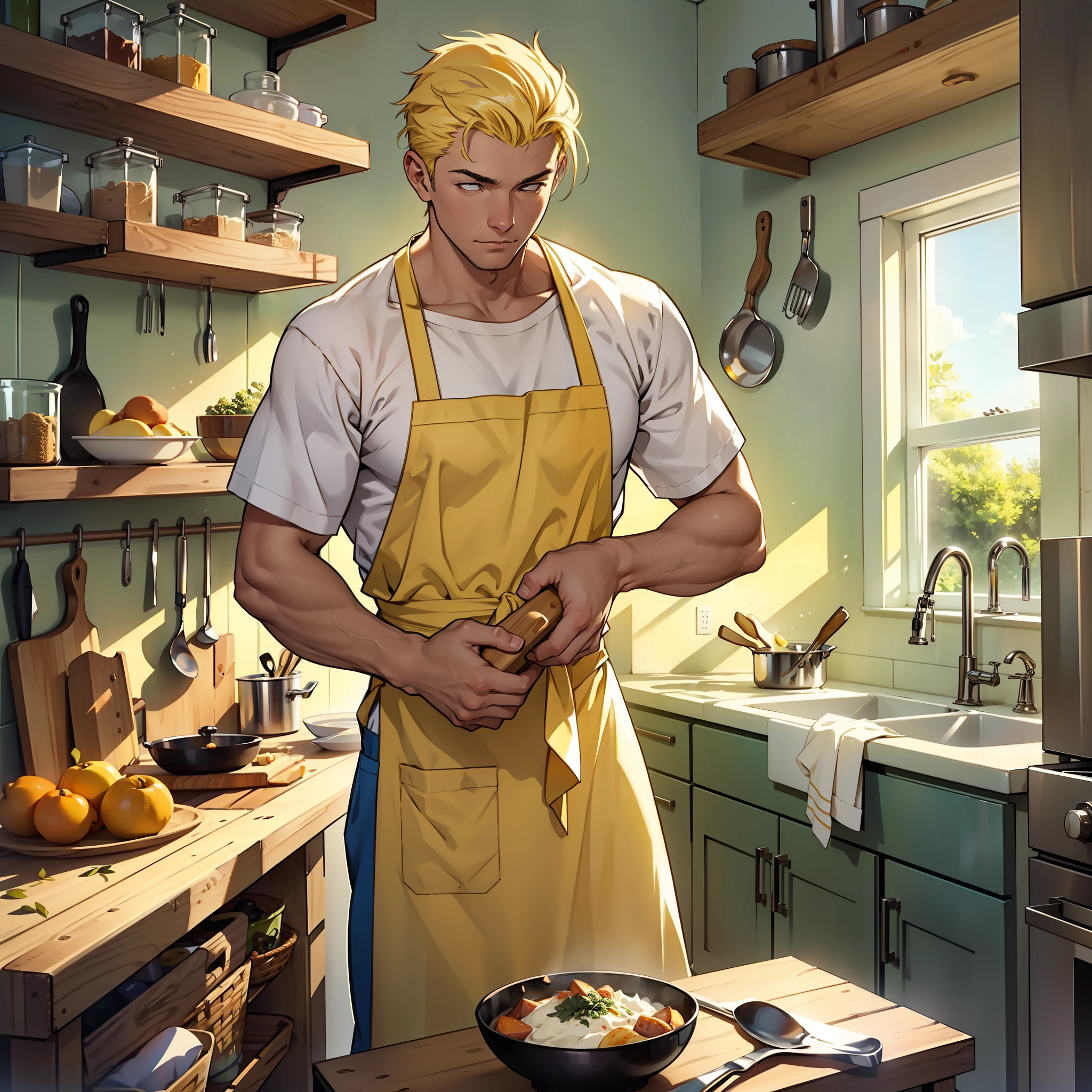 "detailed, a man in a yellow apron in a light-colored, sunlit kitchen, cooking amidst a wooden pantry, capturing the essence of a professional kitchen and the art of food preparation."