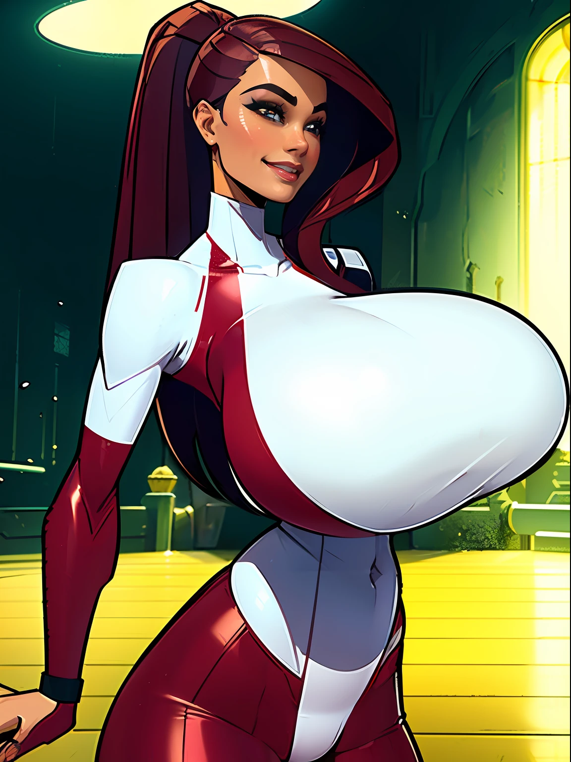 1girl, busty brunette comic book woman, gorgeous face, masterpiece, beautiful, high quality, high definition, superb quality, highly detailed, insane detail, hands on hips, happy, smiling, sexy pose, hand on hip, long hair, huge ponytail, slim, thin, athletic, womanly, rubbery, elastic woman, (modest red spandex with white panels on sides, red and white morph suit, tight top), rubber body, brunette, (((gigantic breasts, gigantic boobs, massive tits, slim waist, overflowing breasts, too big for her top))), city, soft lighting, natural lighting, natural color, heroic, cheerful, (bold nose, hawkish facial features),