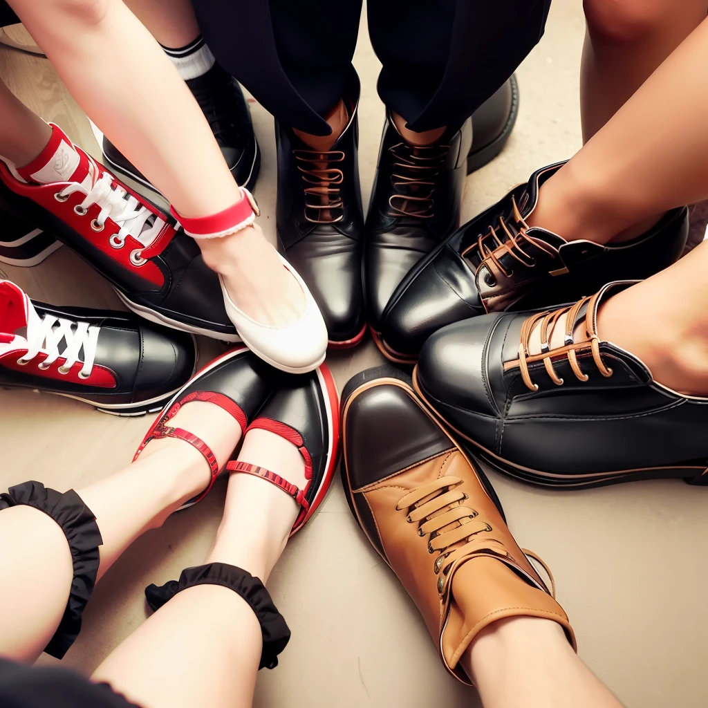 Bottom-up shot,group of people,man and woman,Gather in a circle,shoe,high-heels,boots,boots,athletic sneakers,Foot pedaling