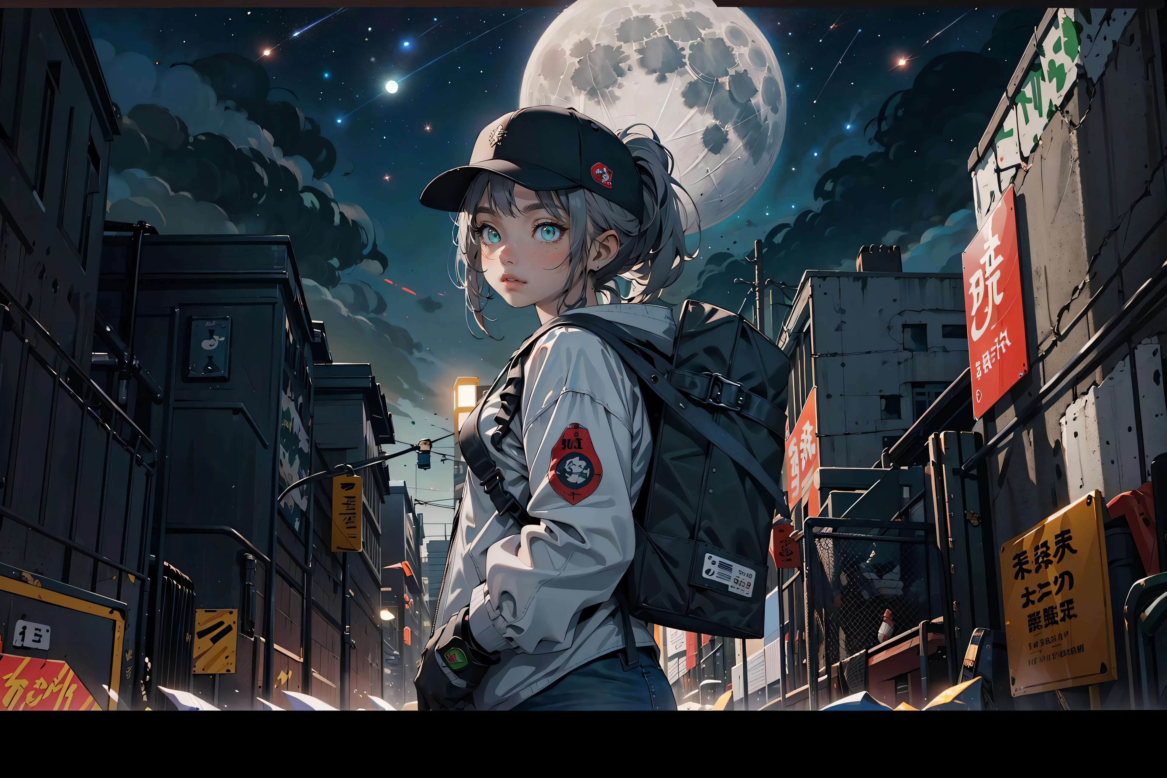 ((1girl,solo))absurdres, highres, ultra detailed, (1girl:1.3), (ponytail),green eyes,
(full shot:1.4)
Techwear
Drones and small robots
Gigantic buildings and a gray city
Giant trees and ruins
The full moon and stars twinkling in the night sky
general store and a backpack
baseball cap
assault rifle