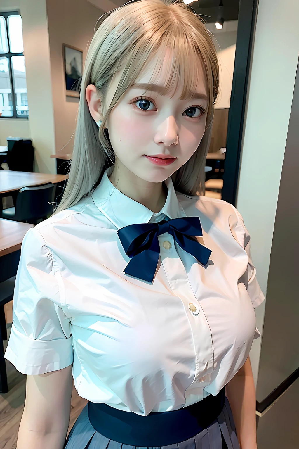 Top Quality, Ultra High Definition, (Photorealistic: 1.4), 1 girl, white blouse, blue skirt, bow tie, (faded ash-gray hair: 1), (Normal breasts: 1), Watch viewer, Cafe