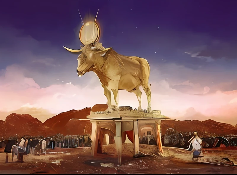 painting of a bull on a platform with a crowd of people in the background, bison god, um boi, Touro Dourado, que se assemelha a um touro\'s, kris kuksi, um chifre, Taurus, alternate album cover, um antigo, humano vestido como um touro, samurai touro da lua, Directed by: Taravat Jalali Farahani, Escultura de Moloch, touro