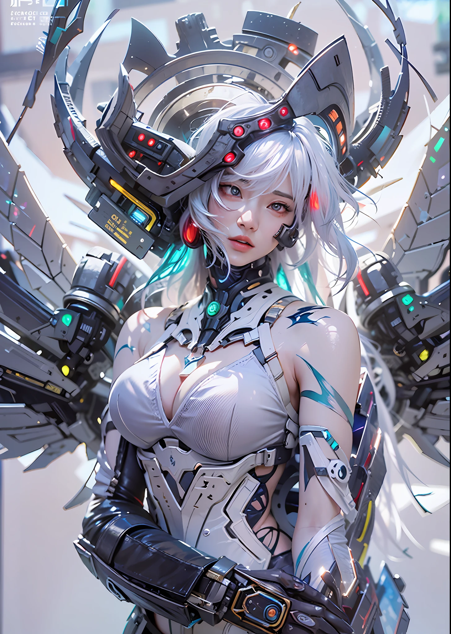 top-quality、masterpiece、超A high resolution、(Photorealsitic:1.4)、Raw photo、Cyberpunk Battle Cyborg Angel、large wings made of metal、White porcelain body、Acrylic Clear Cover、white hair、glowy skin、1 Cyborg Girl、((super realistic details))、portlate、globalillumination、Shadow、octan render、8K、ultrasharp、character edge light,Colossal tits、Raw skin is exposed in cleavage、Details of complex ornaments、Sumerian details、Hydraulic cylinder、Small LED lamp、highly intricate detail、Realistic light、a purple eye、radiant eyes、Facing the camera、neon details、cowboy shot、Futuristic headgear、About Cyberpunk、、