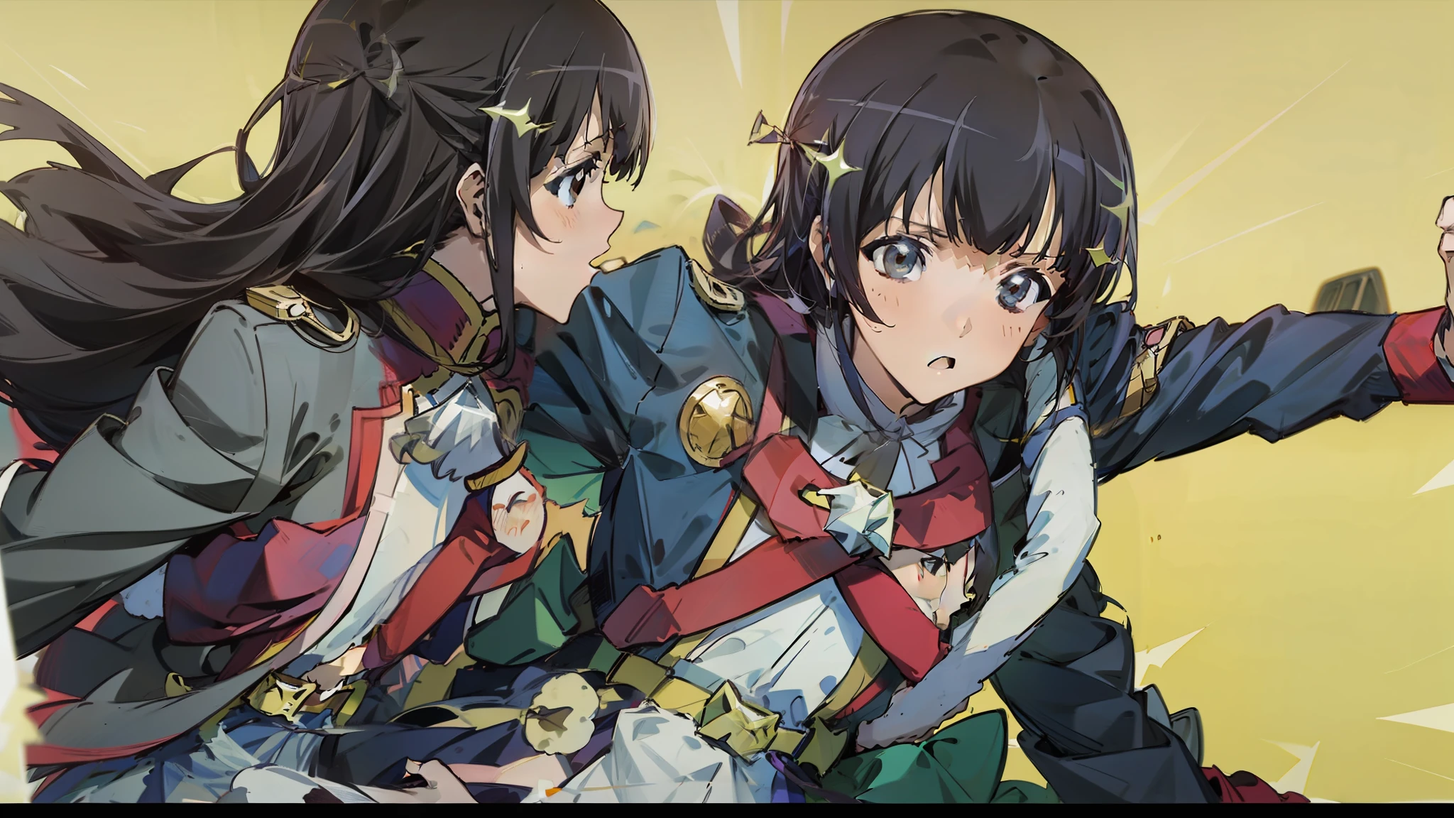 (masutepiece:1.2), looking at each another, (2girls), Yuri, [Mahiru on the left,|1 girl on the right with bangs and black Hair and blue eyes and long Hair and sparkling Eyes ]