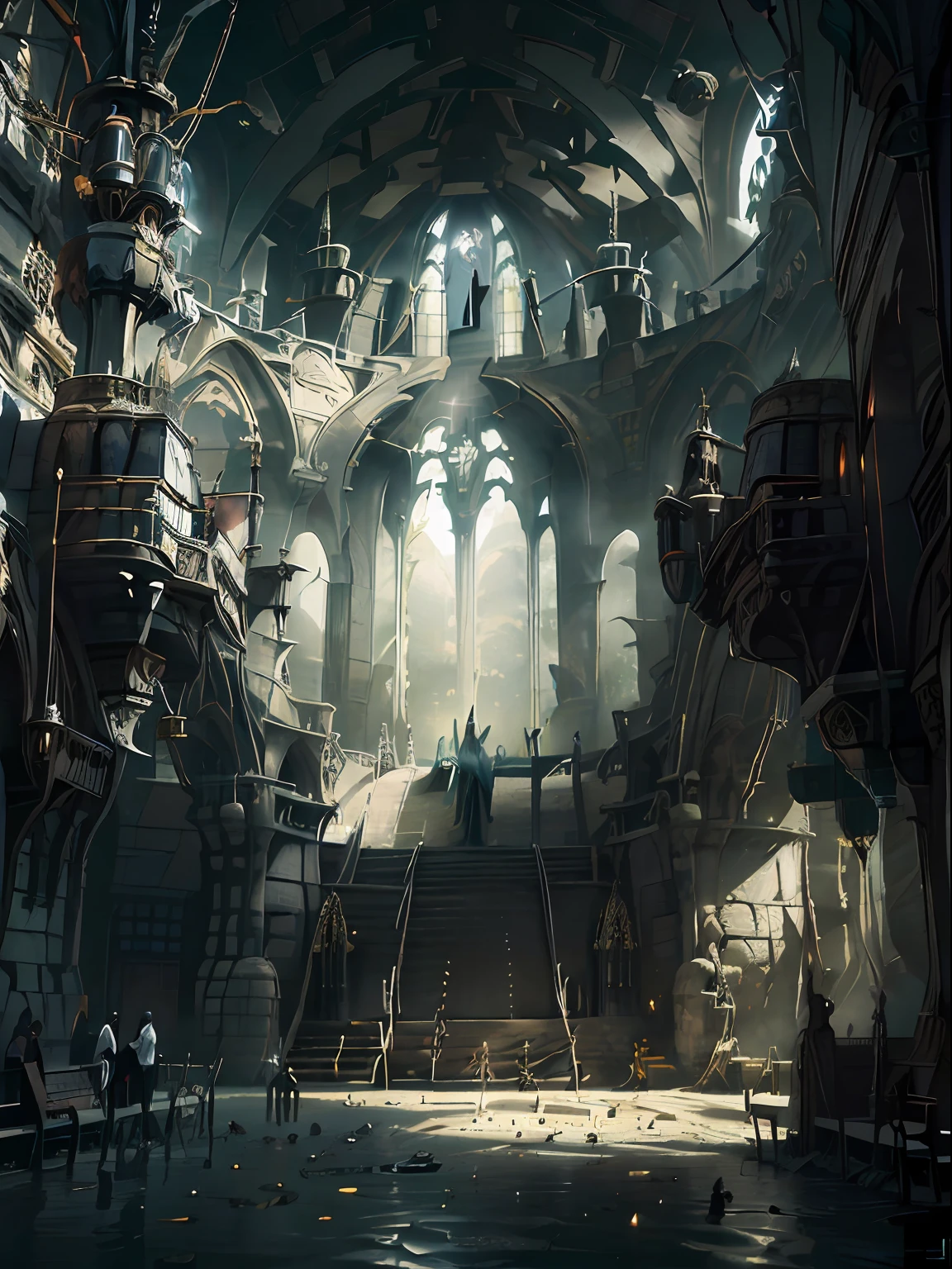 Parte interior de una catedral, Hiperrealista, with images of angels God, Jesucristo en forma humana, vestido de lino blanco brillante, ambiente divino surrealista, 16k, gloria, esplendor divino, realismo, iluminacion cinematorafica,