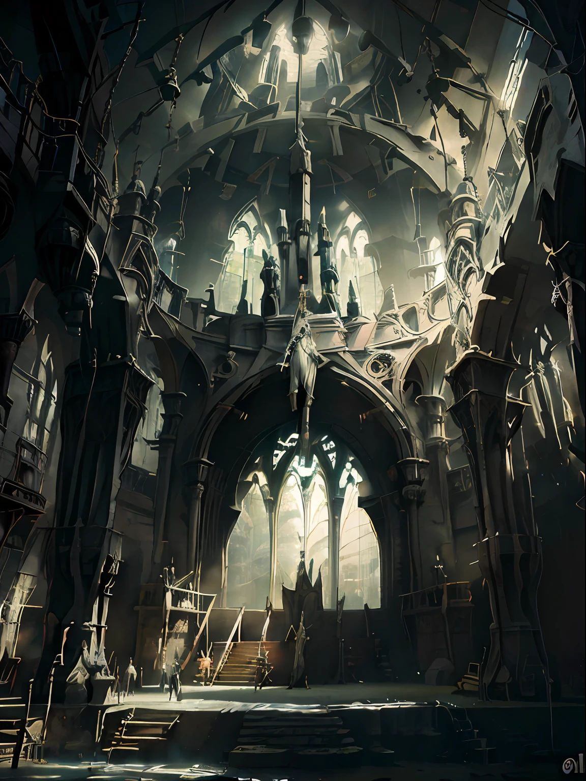 Parte interior de una catedral, Hiperrealista, with images of angels God, Jesucristo en forma humana, vestido de lino blanco brillante, ambiente divino surrealista, 16k, gloria, esplendor divino, realismo, iluminacion cinematorafica,