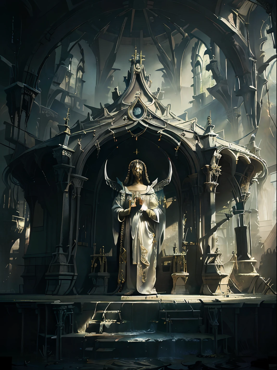 Parte interior de una catedral, Hiperrealista, with images of angels God, Jesucristo en forma humana, vestido de lino blanco brillante, ambiente divino surrealista, 16k, gloria, esplendor divino, realismo, iluminacion cinematorafica,