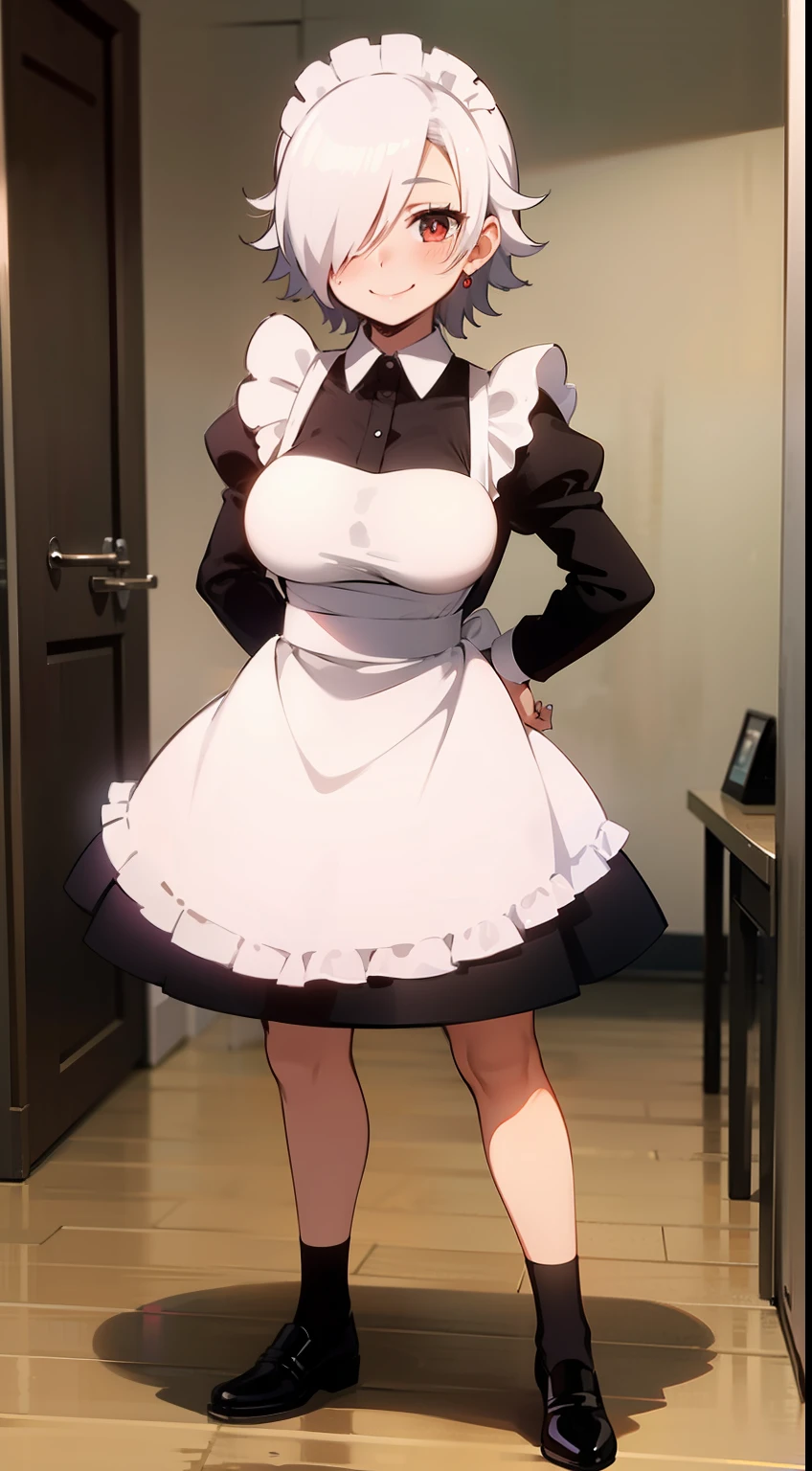 1girl, white hair, red eye, medium messy hair, hair over eye, full body, solo, standing in the bedroom, smiling, not blurry, huge breasts, thick body, (sexy maid dress)), blushing, rolling eyes