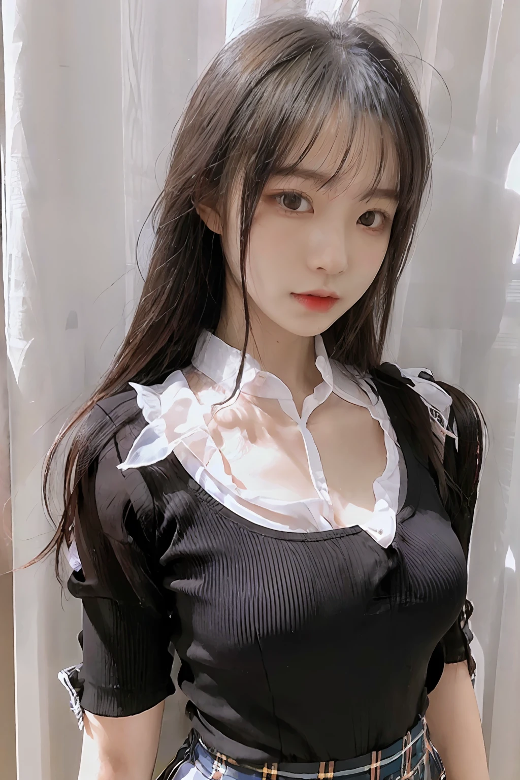 (masterpiece:1.2, best quality), (real picture, intricate details), solo, 1lady, school, school uniform, big tits