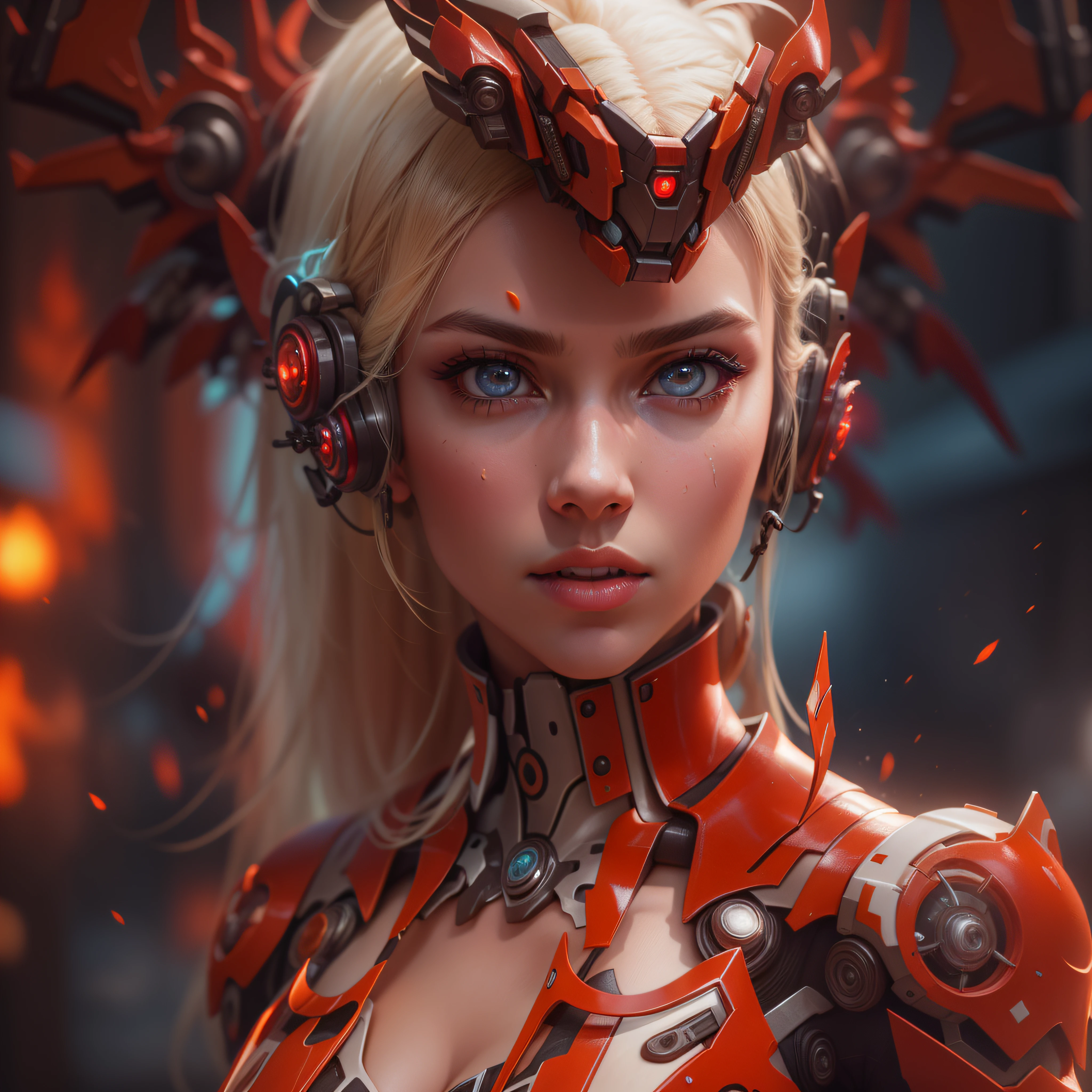 (8k, RAW photo, best quality, masterpiece:1.2), (realistic, photo-realistic:1.37), ultra high res, ultra-detailed ,full body, ((full-body shot)), woman, beautiful Barbie, detailed eyes, beautiful detailed lips, professional lighting, photon mapping, radiosity, physically-based rendering, detailed symmetrical lips, extremely detailed eyes and face, symmetrical mouth, extremely detailed face, symmetrical eyes ,detailed eyebrows, extremely detailed eyes, beautiful detailed eyes, extremely detailed face , light on face, (full body), looking at viewer, ((blonde hair)), ((long hair)), ((fairy)), ((red mecha suit)), ((red neon mechanical fire wings)), ((cyberpunk)), ((legs)), ((energy core at centre of body)), ((fire sword)), _stardeaf-cold-arc_ ((octane render))
