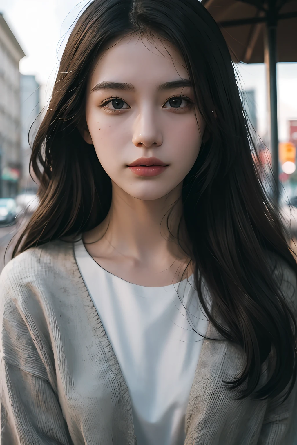 ((Pure beauty:0.8,ssmile,[white colors:1.2+the detail:1.1+textureskin:1.2]), (Chiaroscuro:1.1+shadowing:1.1+High texture:1.1), (((High picture quality:1.2)+(A high resolution:1.1)+(hyper HD:1.3)),1girll)，full bodyesbian，tall nose bridge，sideface，plumw，street corner