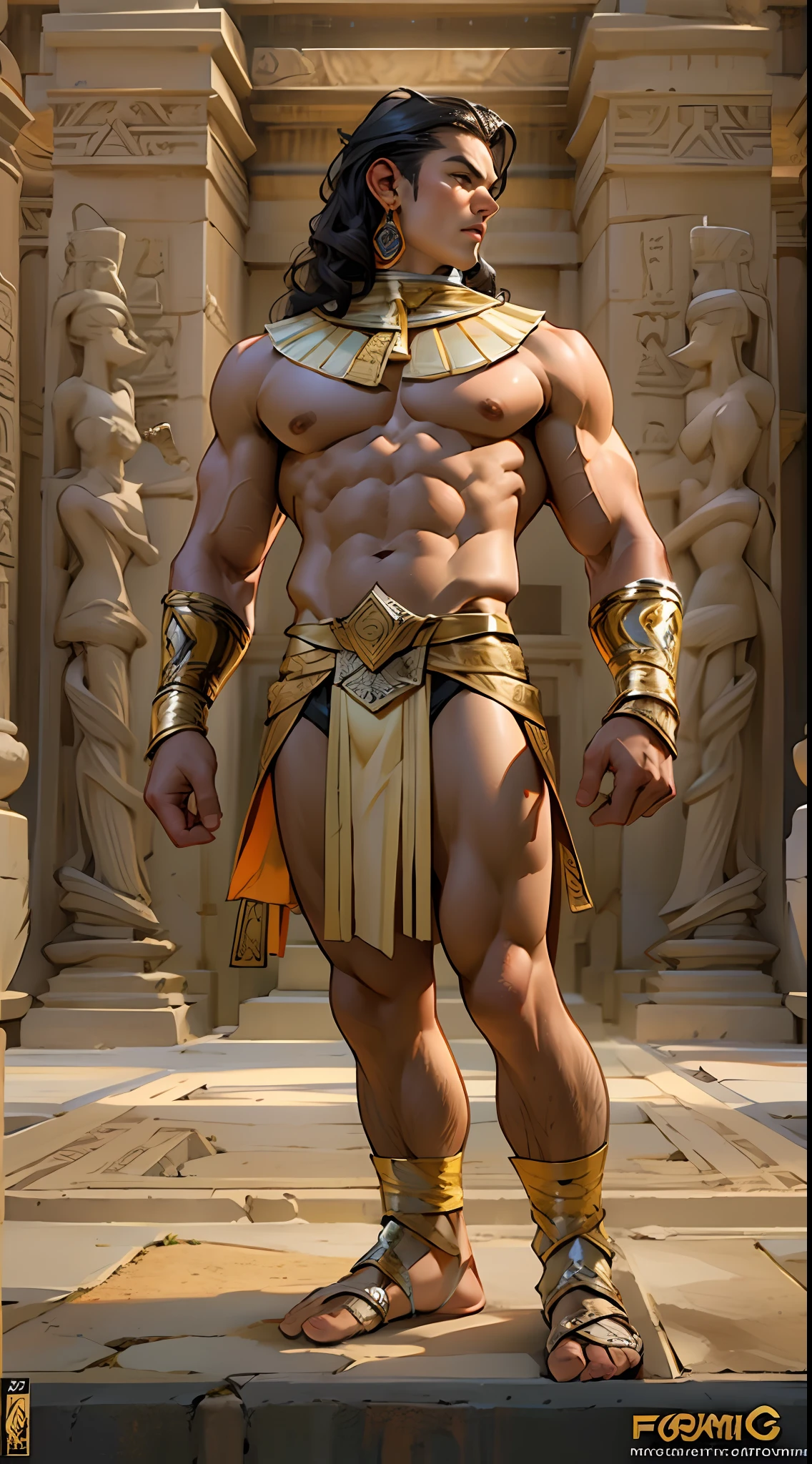 Powerful warrior, chest bared, lower body uncovered from thighs to feet, luxuriant long curls, meticulous muscle definition, photorealistic rendering, 4K resolution. Background: Ancient Egyptian temple complex,32k uhd, best quality, masterpiece, super detail, high details