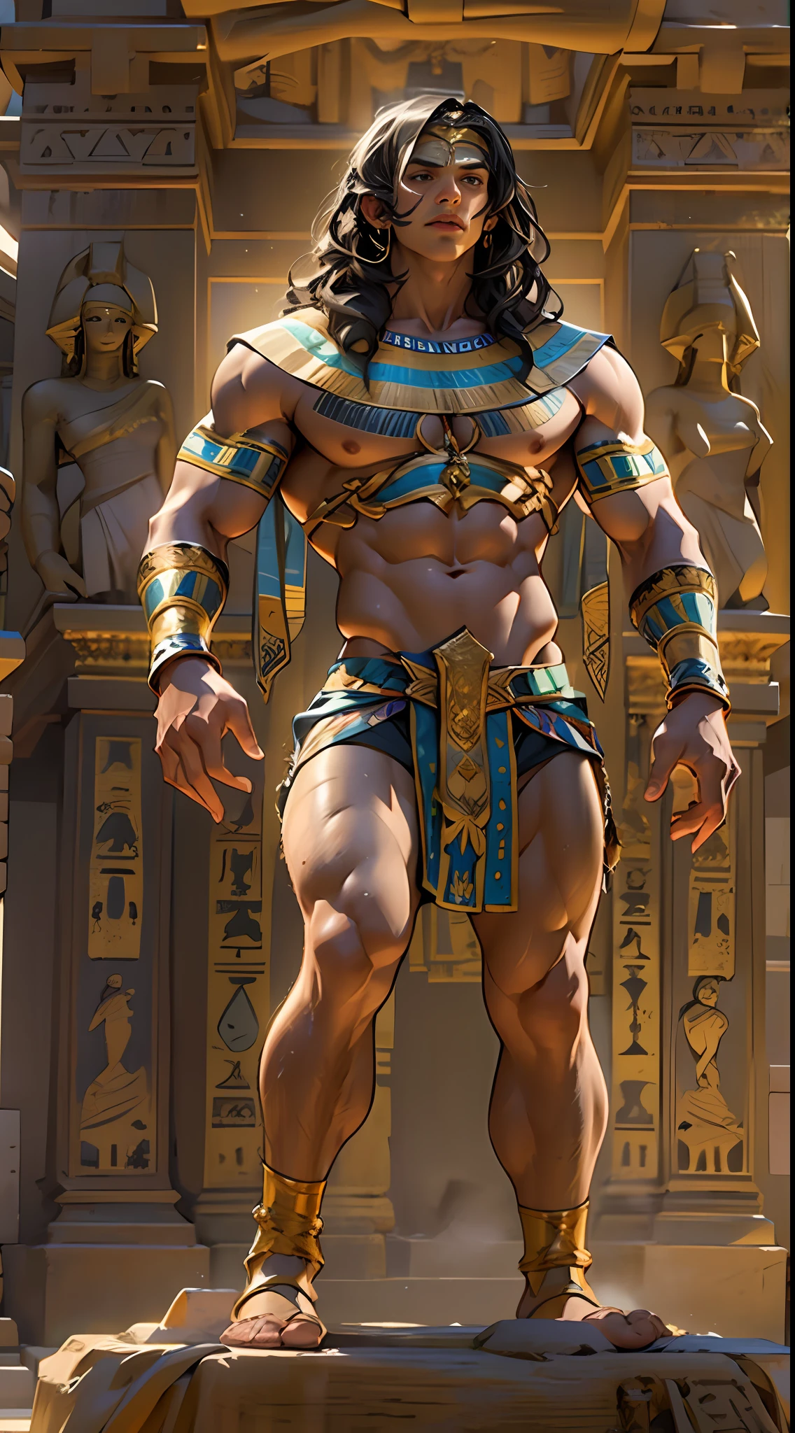 Powerful warrior, chest bared, lower body uncovered from thighs to feet, luxuriant long curls, meticulous muscle definition, photorealistic rendering, 4K resolution. Background: Ancient Egyptian temple complex,32k uhd, best quality, masterpiece, super detail, high details