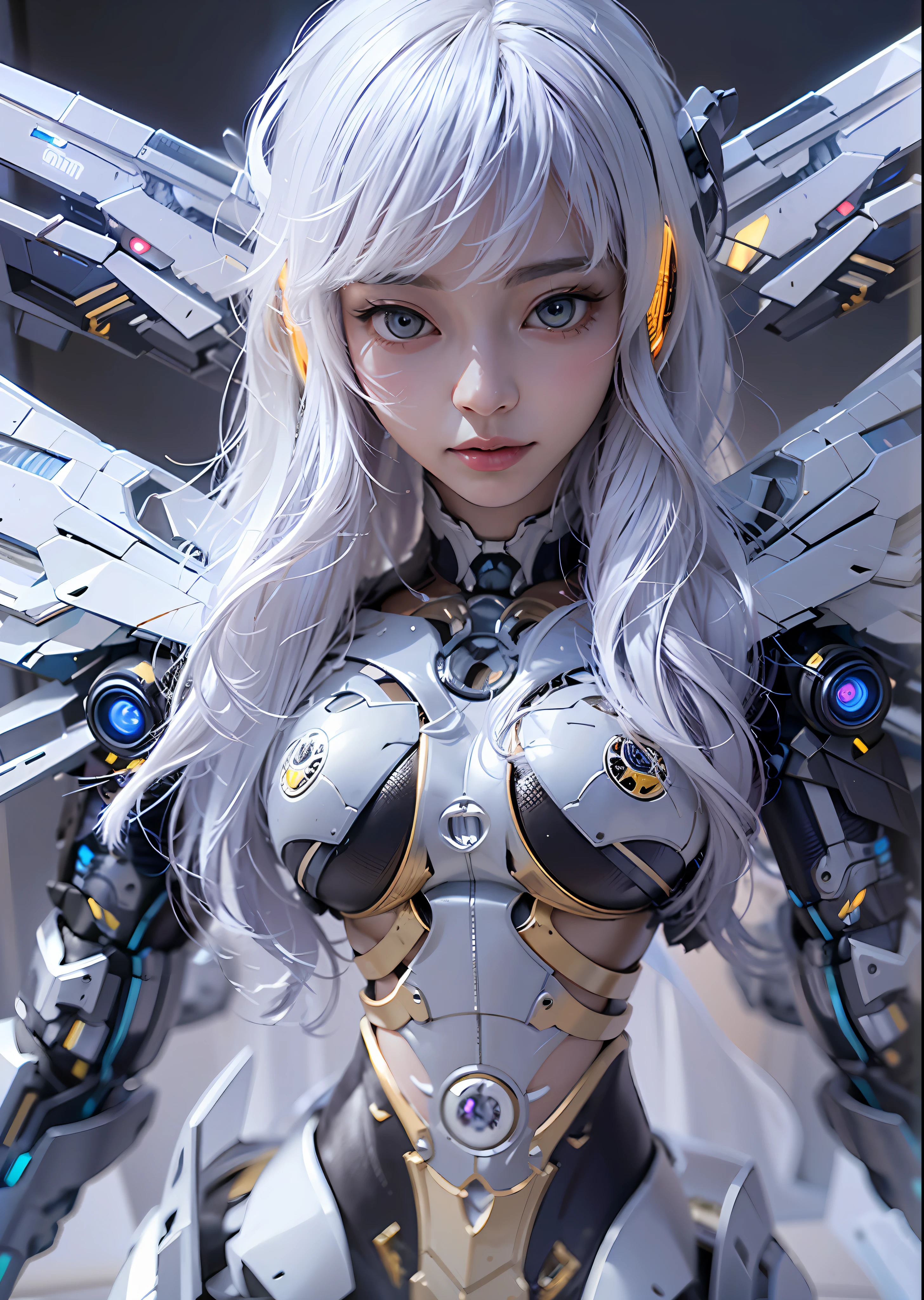 top-quality、masterpiece、超A high resolution、(Photorealsitic:1.4)、Raw photo、Cyberpunk Battle Cyborg Angel、large wings made of metal、White porcelain body、Acrylic Clear Cover、white hair、glowy skin、1 Cyborg Girl、((super realistic details))、portlate、globalillumination、Shadow、octan render、8K、ultrasharp、character edge light,Colossal tits、Raw skin is exposed in cleavage、Details of complex ornaments、Sumerian details、Hydraulic cylinder、Small LED lamp、highly intricate detail、Realistic light、a purple eye、radiant eyes、Facing the camera、neon details、cowboy shot、Futuristic headgear、About Cyberpunk、、