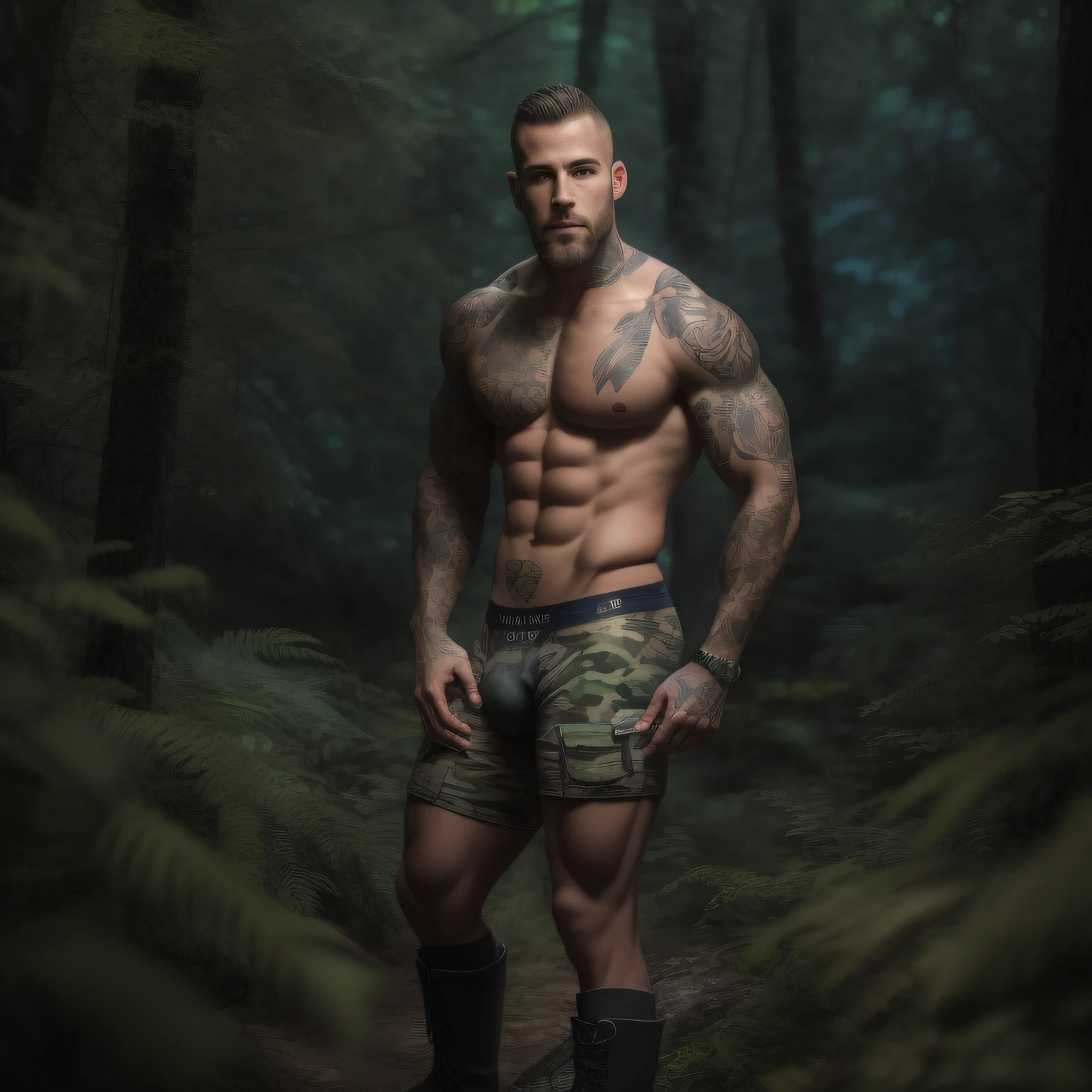 A handsome muscular tattooed naked man wearing a tiny camouflage jockstrap and boots, hiding in the forest at night, full body image, seen from a low angle