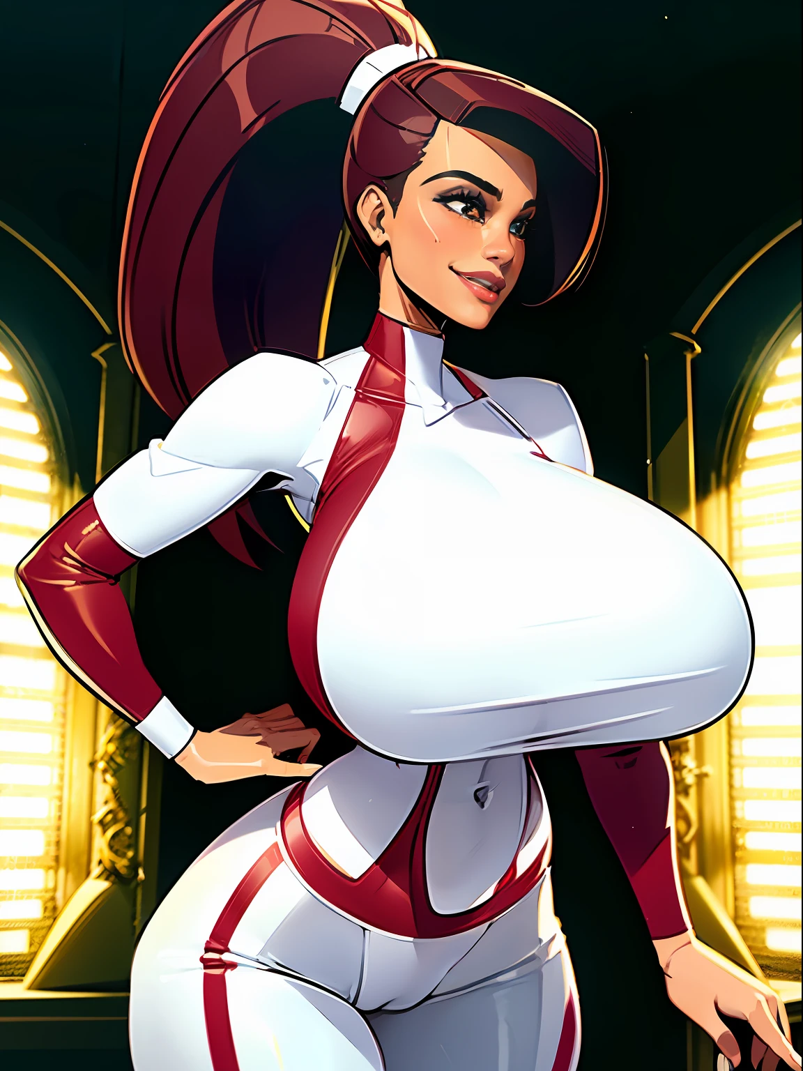 1girl, busty brunette comic book woman, gorgeous face, masterpiece, beautiful, high quality, high definition, superb quality, highly detailed, insane detail, hands on hips, happy, smiling, sexy pose, hand on hip, long hair, huge ponytail, slim, thin, athletic, womanly, rubbery, elastic woman, (modest red spandex with white panels on sides, red and white morph suit, tight top), rubber body, brunette, (((gigantic breasts, gigantic boobs, massive tits, slim waist, overflowing breasts, too big for her top))), city, soft lighting, natural lighting, natural color, heroic, cheerful, (bold nose, hawkish facial features),