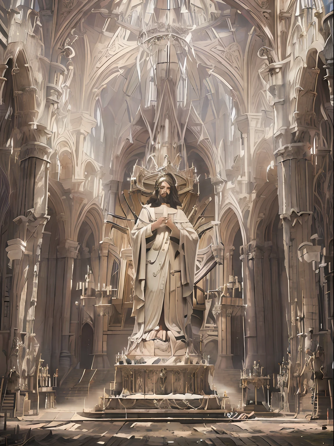Parte interior de una catedral, Hiperrealista, with images of angels God, Jesucristo en forma humana, vestido de lino blanco brillante, ambiente divino surrealista, 16k, gloria, esplendor divino, realismo, iluminacion cinematorafica,