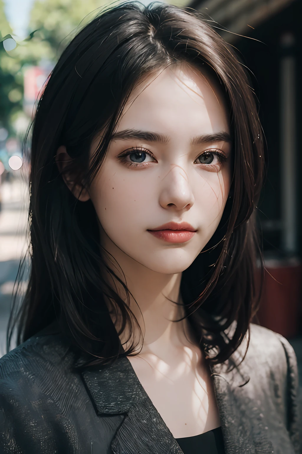 ((Pure beauty:0.8,ssmile,[white colors:1.2+the detail:1.1+textureskin:1.2]), (Chiaroscuro:1.1+shadowing:1.1+High texture:1.1), (((High picture quality:1.2)+(A high resolution:1.1)+(hyper HD:1.3)),1girll)，full bodyesbian，tall nose bridge，sideface，plumw，street corner