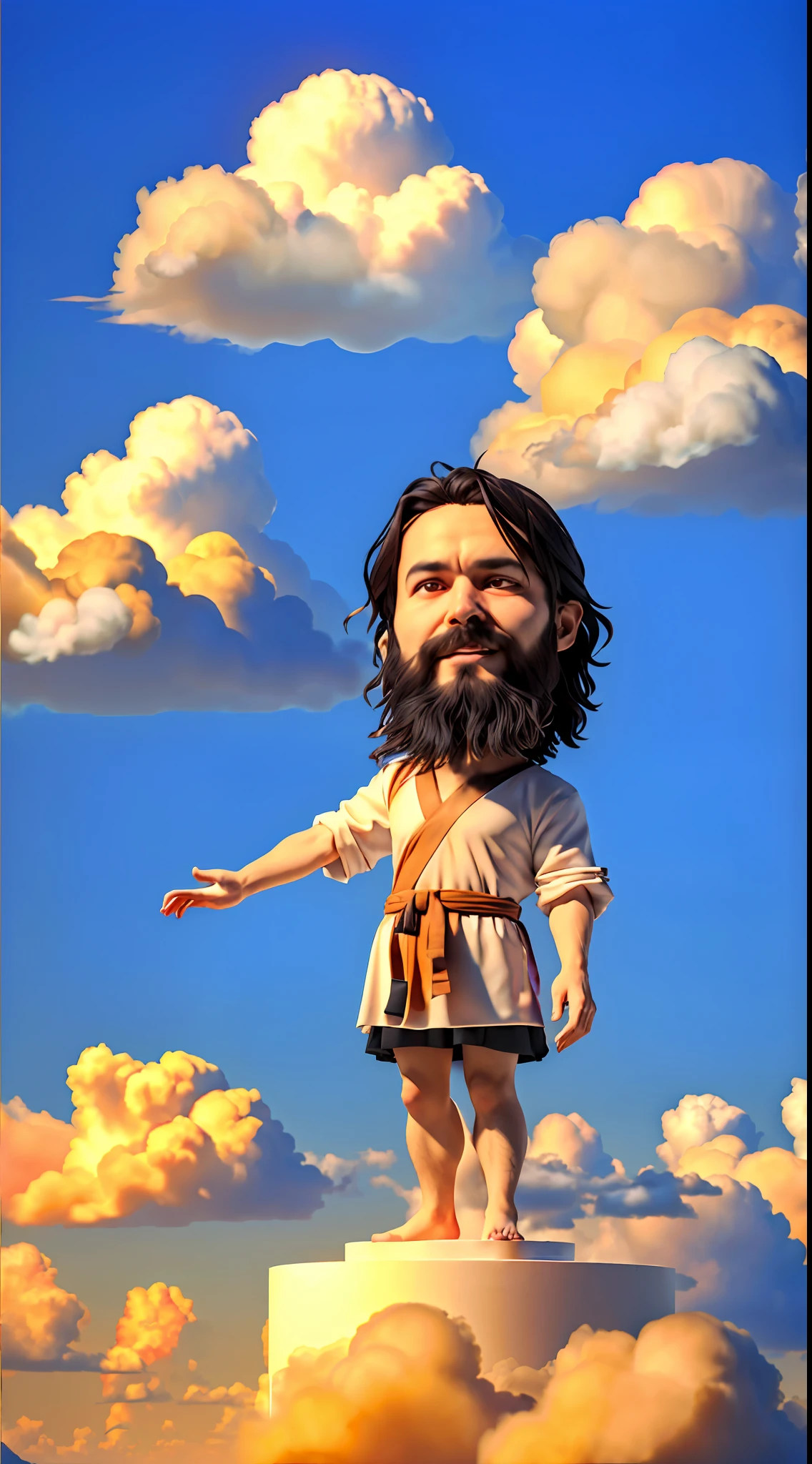 (1man), solo, jewish, hair(black, messy, long-hair), beard, jesus, photo(close-up), wearing(long-toga), (FULL BODY, CHIBI), background(heaven, cloud), (blurry_background:1.5), (photorealistic, absurdres, best_quality:1.5),