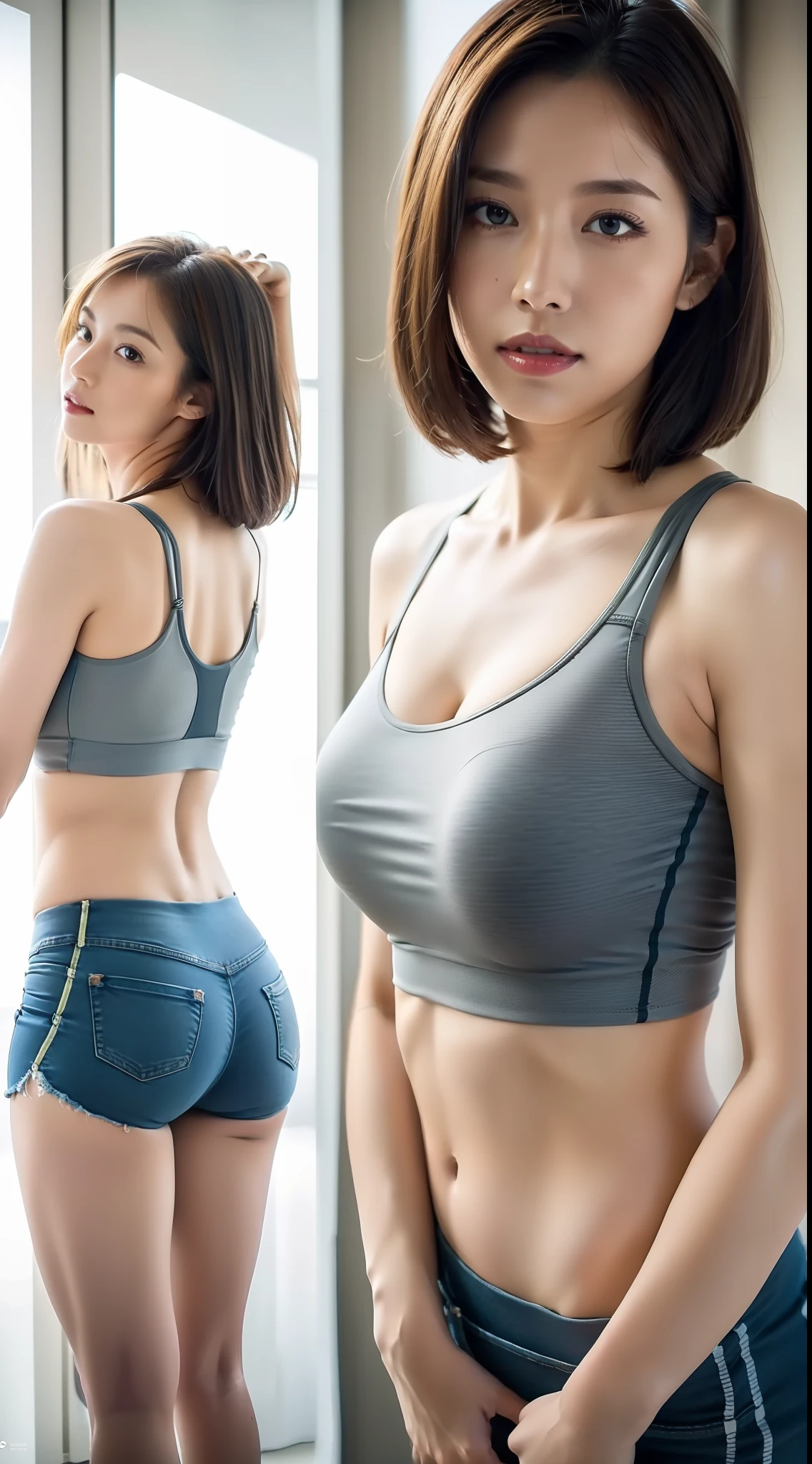 yoga teacher,realistic, extremely detailed,soft light,oil skin,sports bra, studio light,,naughty face, (photorealistic, high resolution:1.4),professional lighting,denim shorts