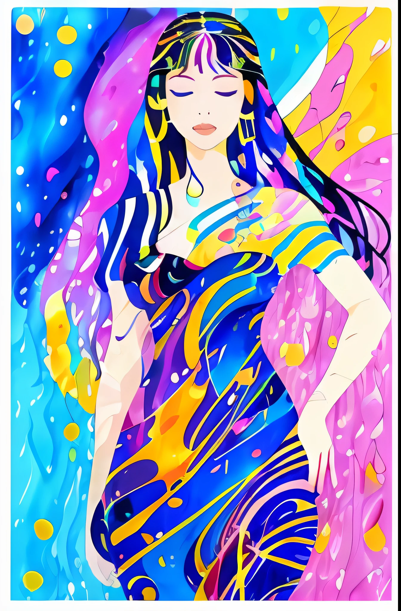 ​masterpiece、top-quality、(2D minimalist vector illustration)、minimum、1girl in、goddes、Beautuful Women、closed her eyes、colourfull、(Gustav Klimt blends long hair of blue color)、(Wassily Kandinsky Blend Dress:1.2)、(Acrylic pour art blend background:1.4)、(bustshot:1.4)