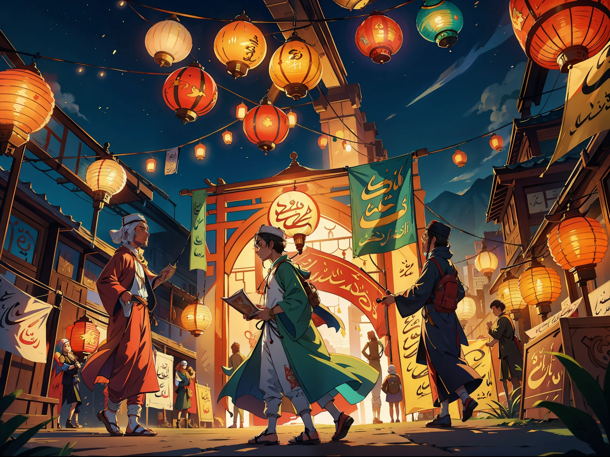 (+) Adorn the scene with colorful Islamic motifs, lanterns, and banners displaying Eid greetings in Arabic calligraphy.