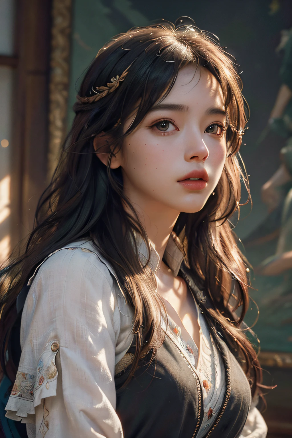 (RAW photo, best quality), (realistic, photo-realistic:1.3),best quality,highly detailed,masterpiece,ultra-detailed,illustration,1girl,upper_body,dynamic angle,world masterpiece theater,messy_long_hair,best quality,extremely detailed CG unity 8k wallpaper,ink,Amazing,cinematic lighting,lens_flare, dunhuang_style