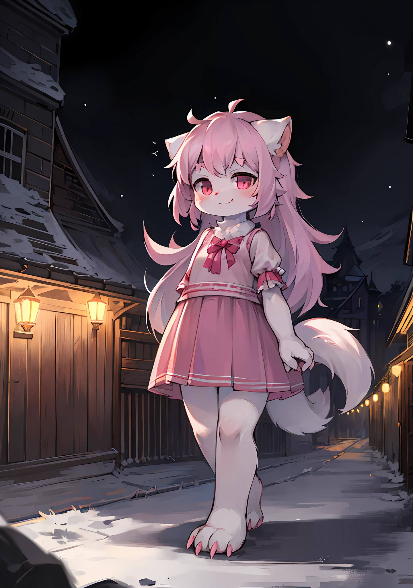 Furry little girl,Fluffy tail,Emphasis on white fur,Delicate fur,Cute toddler,Short pink skirt,Young,Petite and cute emphasis,Walking posture,Detailed characters,A smile on his face(1.2),Protruding claws,Pink meat pad,Enhance long-haired animals(1.2),the night,borgar(1.1)。